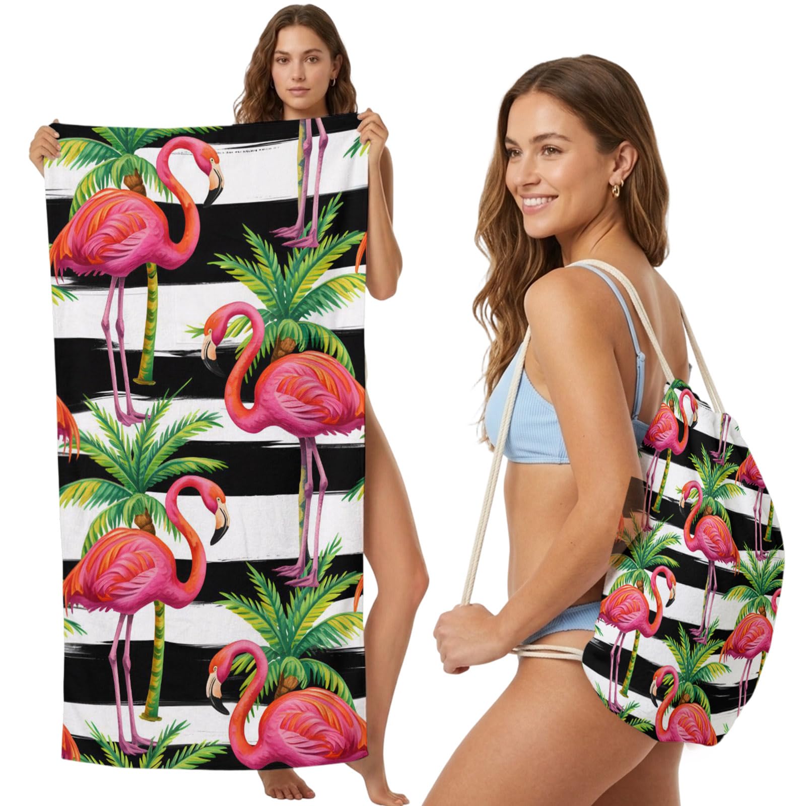 FWJZDSP Beach Towel Backpack, Pink Flamingo Tropical Coconut Tree 2-in-1 Foldable Soft Microfiber Quick Dry Beach Towel 31.5x63in Black and White Stripe Lightweight Pool Towels for Travel, Yoga