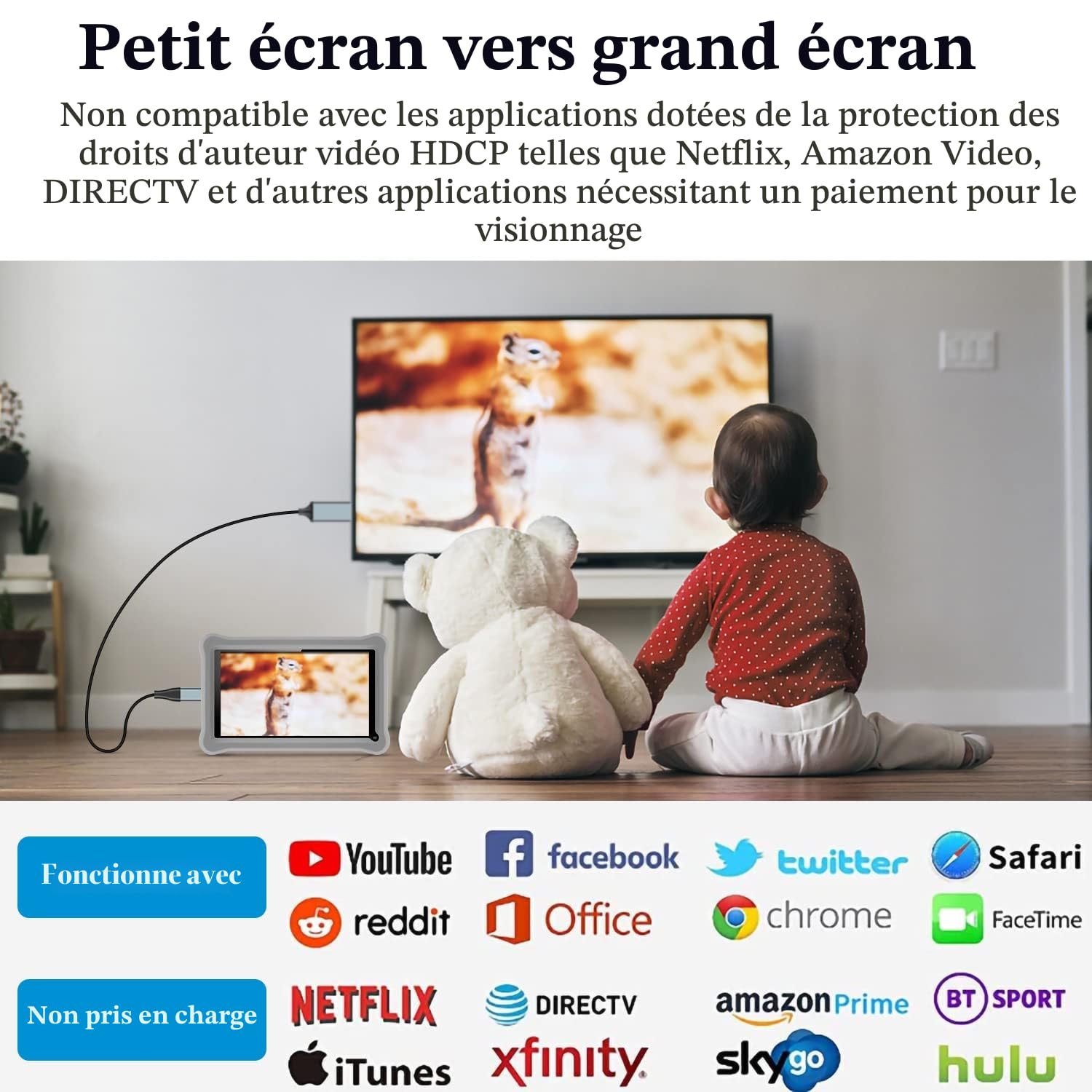 Adaptateur Lightning vers HDMI 2.0m pour iPhone 14/13/12 & YouTube vers TV - Résolution HD 1080P (iOS 18/17 - Non Compatible iPhone 16/15/Netflix)