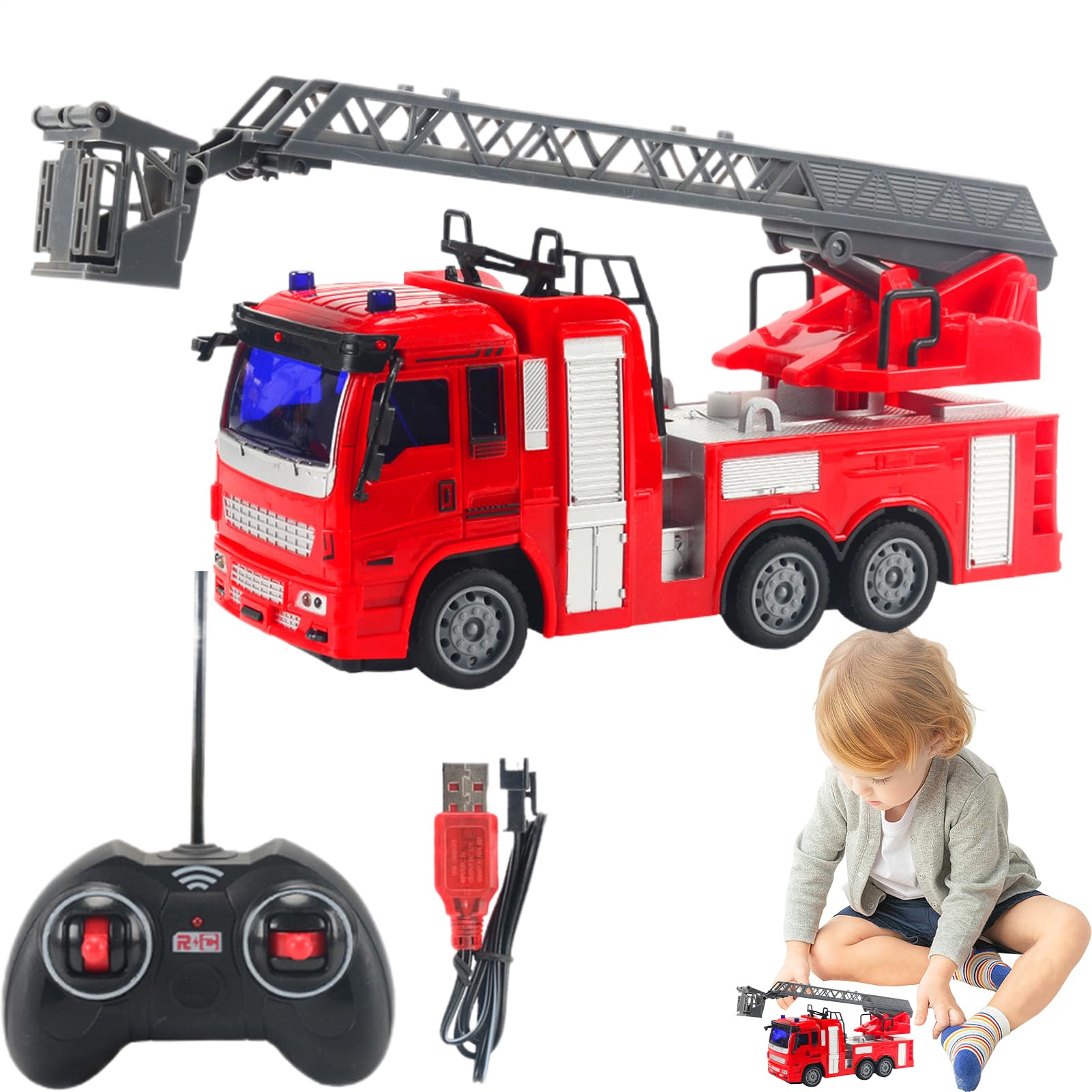 Remote Control Fire Truck Toy For (26.5×11×7 Cm) | RC Fire Truck With Lights, Watering Effect And Ladder | Construction Vehicle Toy For Home, School, Park, Kindergarten,