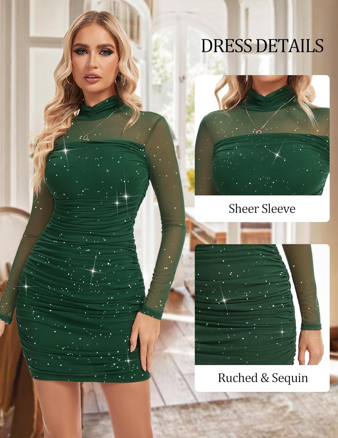Meetjen Women's Ruched Bodycon Dress Sheer Mesh Long Sleeve Mock Turtleneck Sexy Sequin Mini Cocktail Club Party Dresses - Image 5
