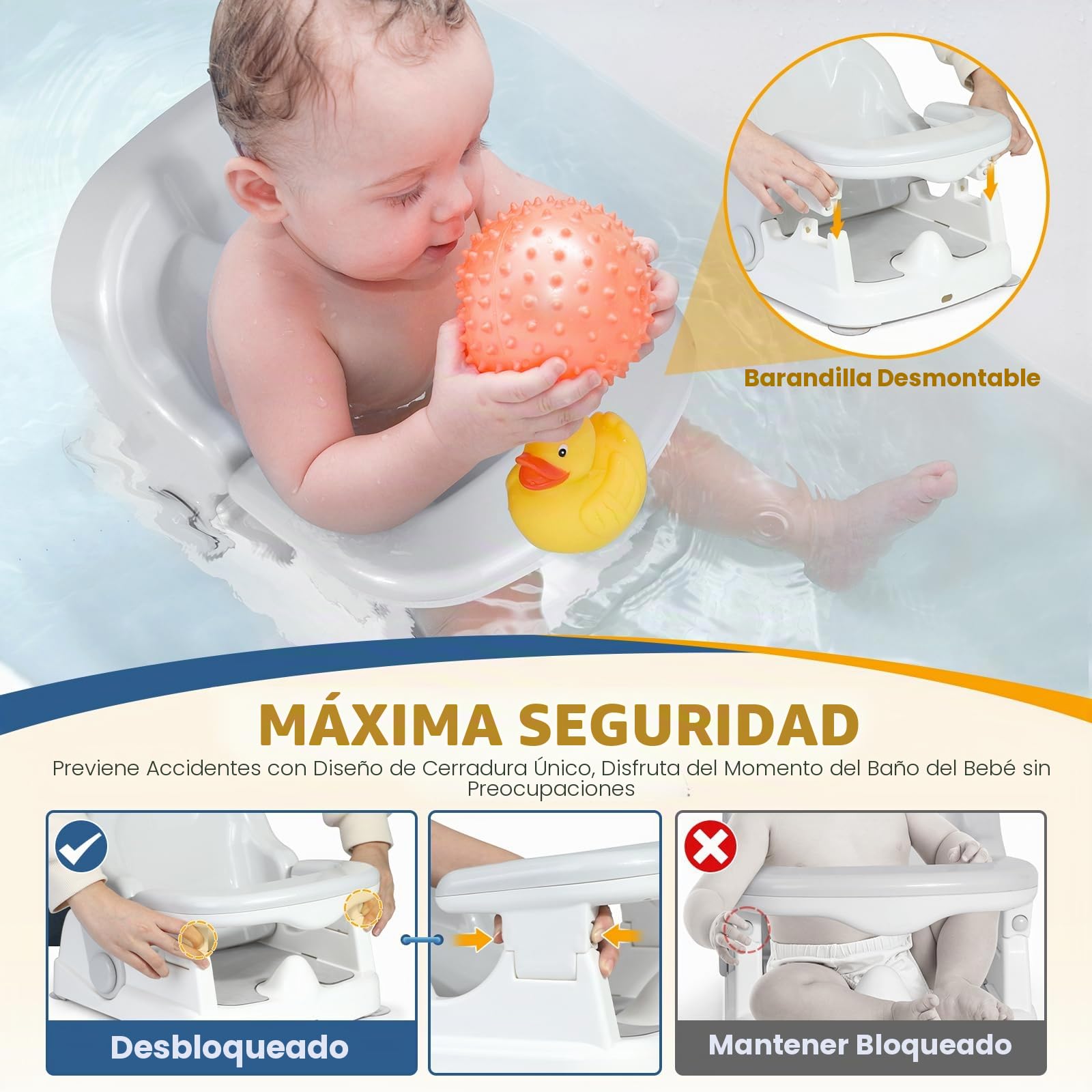 Orzbow Versátil Asiento Bañera Bebe, Estable Silla Bañera Bebe con Respaldo Regulable en Tres Posiciones para 3-24 Meses, Cómodo Asiento Baño con Cojín Antideslizante & Potentes Ventosas, Gris