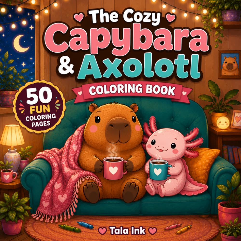 The Cozy Capybara and Axolotl Coloring Book: 50 adorable capybara and axolotl coloring adventures, created for kids who love cute animals and cozy fun