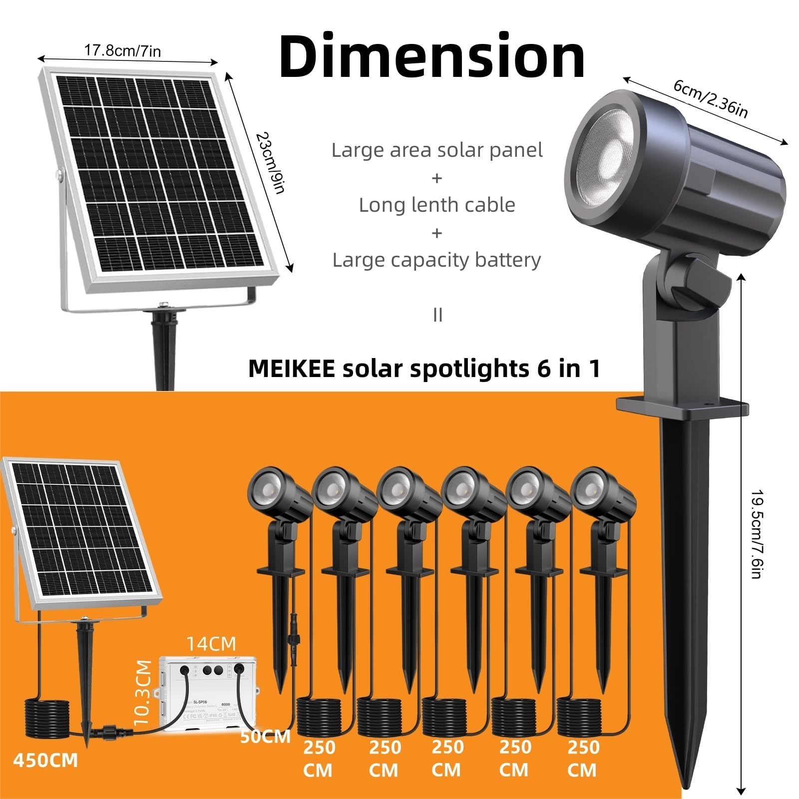 MEIKEE Faretti Solari Esterno, 6 in 1 Faretto Solare LED da Esterno Impermeabili IP66, 6W 6000mAh Luci Solari Blanco Cálido 3000K 3 Luminosità 3 Modalità per Patio Prato Giardino