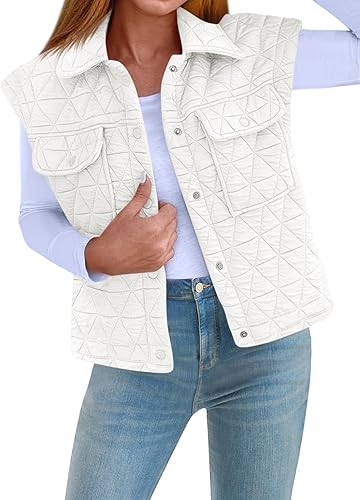 Cicy Bell Womens Lightweight Quilted Vests Cargo Button Down Cropped Sleeveless Jackets Fall Loose Fit Gilets with Pockets