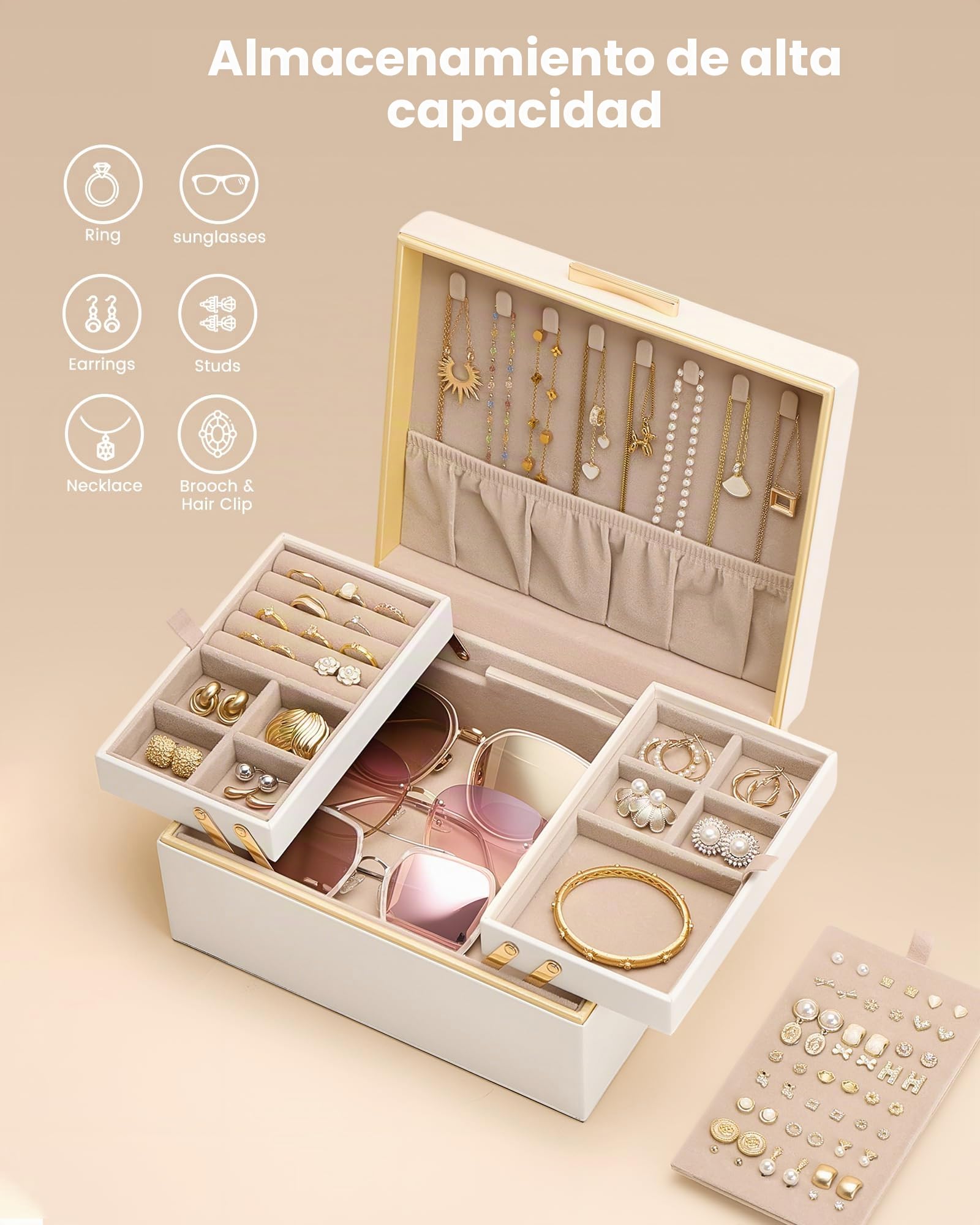 Lolalet Organizador de Joyas, Joyero Grande 2 Niveles Almacenamiento de Anillo Pulsera Pendiente Arete Collar Colgante Cuero PU Diseño Nubes Superior Plegable Retráctil Mujer Regalo -Crema