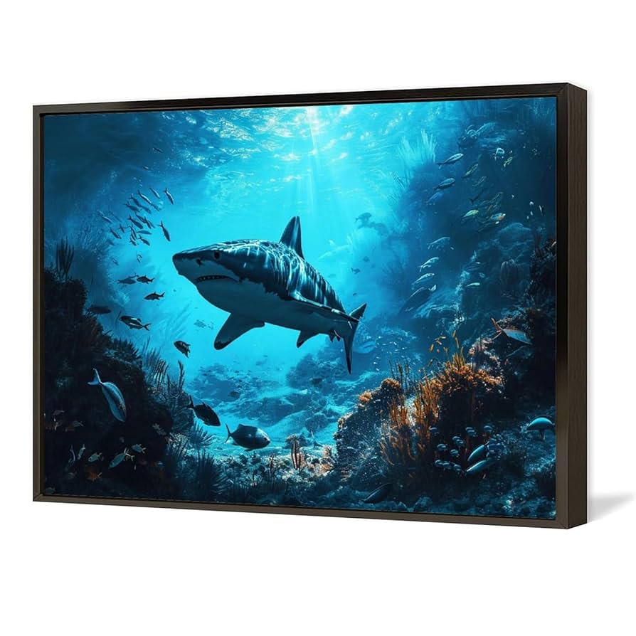 Amazon.co.jp: 絵画 海の底の魚とサメの群れインテリア 絵画 超