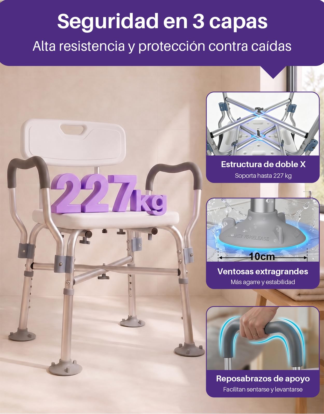 KEKOY Silla Ducha Personas Mayores Reforzada con Reposabrazos y Respaldo | Taburete Ducha Regulable en Altura con Pies Ventosa Antideslizantes Ensanchados para Adultos y Discapacitados, blanco