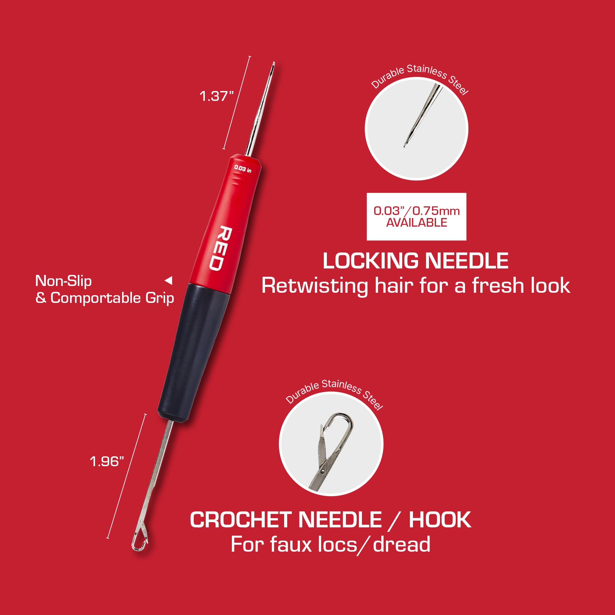 Red by Kiss Dread Crochet Hook Duo 2 en 1 de 0,75 mm, aguja de bloqueo y gancho de ganchillo para principiantes, agarre antideslizante, tejido de pelo para rastas retorcidas