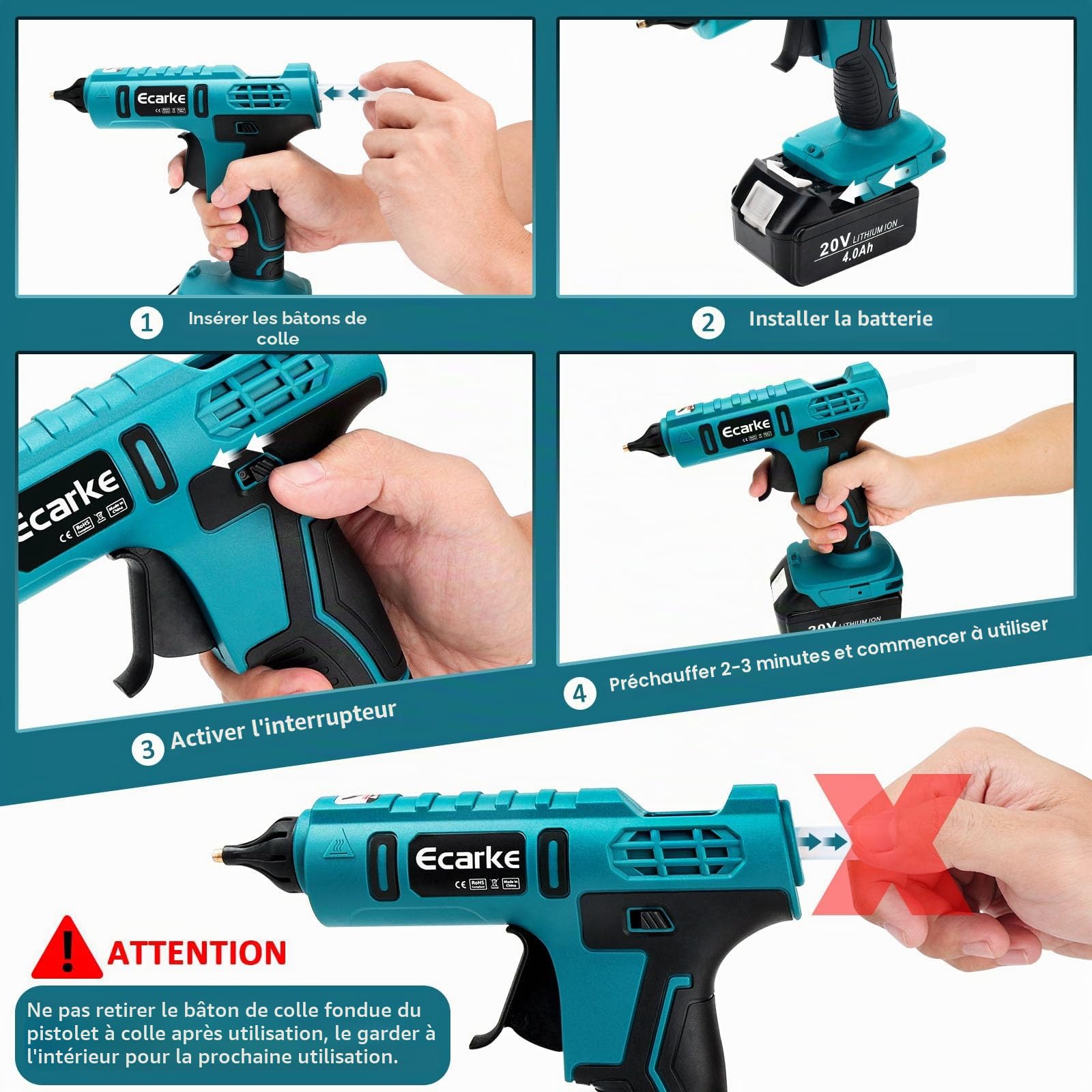 Ecarke Pistolet à Colle Sans Fil Compatible avec Batterie MaKita 18V, Pistolet à Colle Chaude Sans Fil Idéal pour Les Réparations Artisanales (avec 20 Bâtons de Colle de 11 mm)-Outils Uniquement