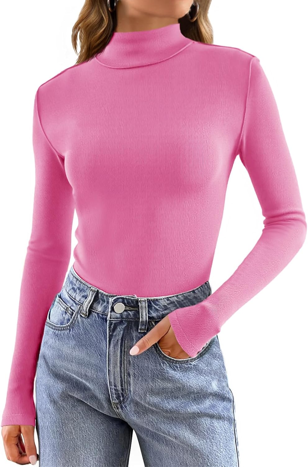 Tankaneo Womens Mock Turtle Neck Tops Long Sleeve Slim Fitted Shirts Ribbed Knit Basic Tees Thermal Shirts