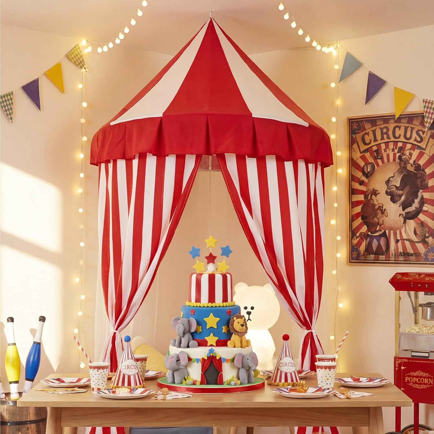 Preboun 4 Pcs Carnival Circus Tent Decor Backdrop 6 x 3 ft Red and White Indoor Reading Nook Hanging Party Decoration Canopy for Home Outdoor Circus Festive Birthday Candy Theme Party Photography