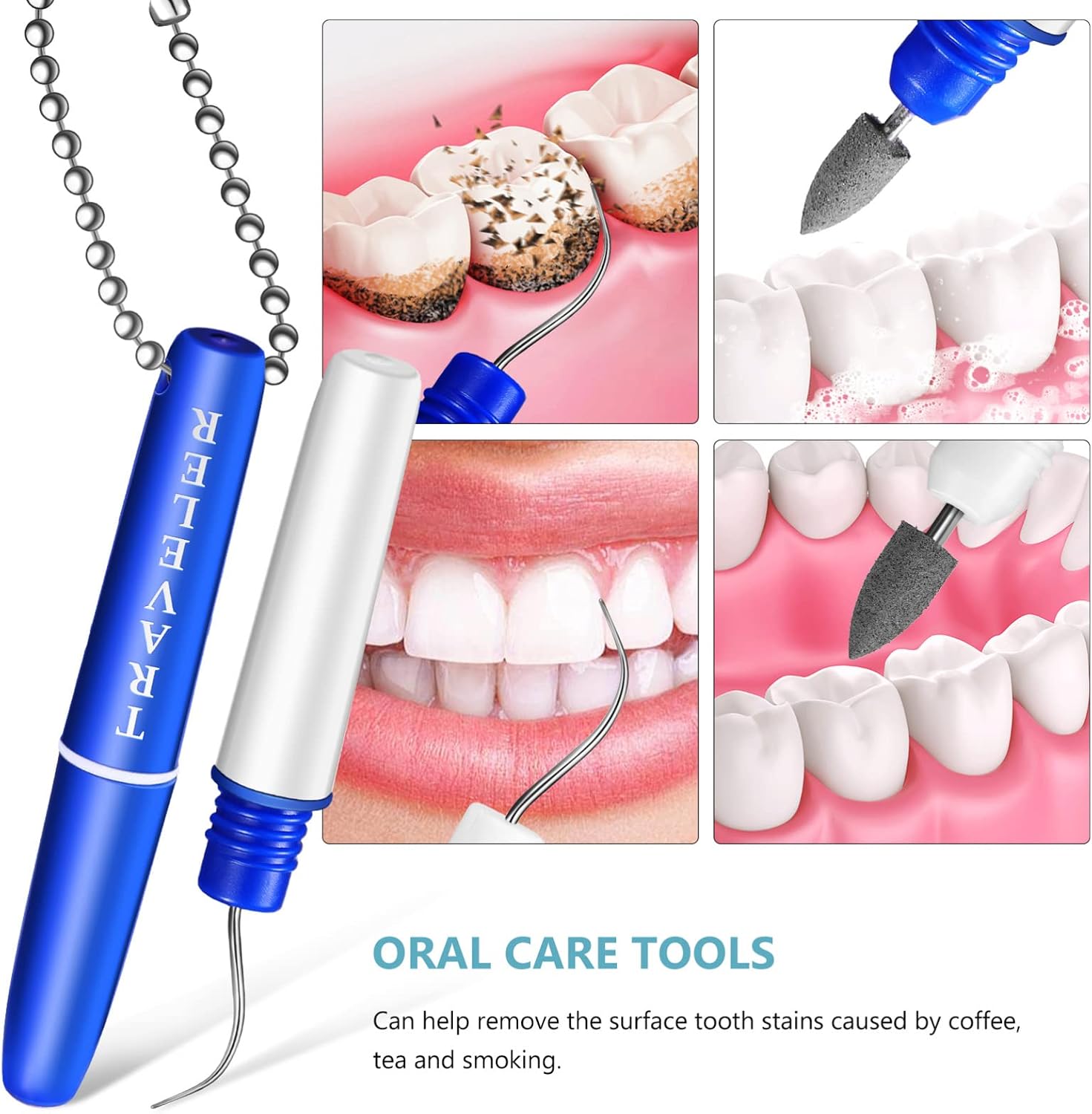 4pcs Teeth Stain Remover Travel Picks Mini Holder Reusable Portable Pocket Tool Set Remove Plaque Tartar Cleaning Kit with Chain