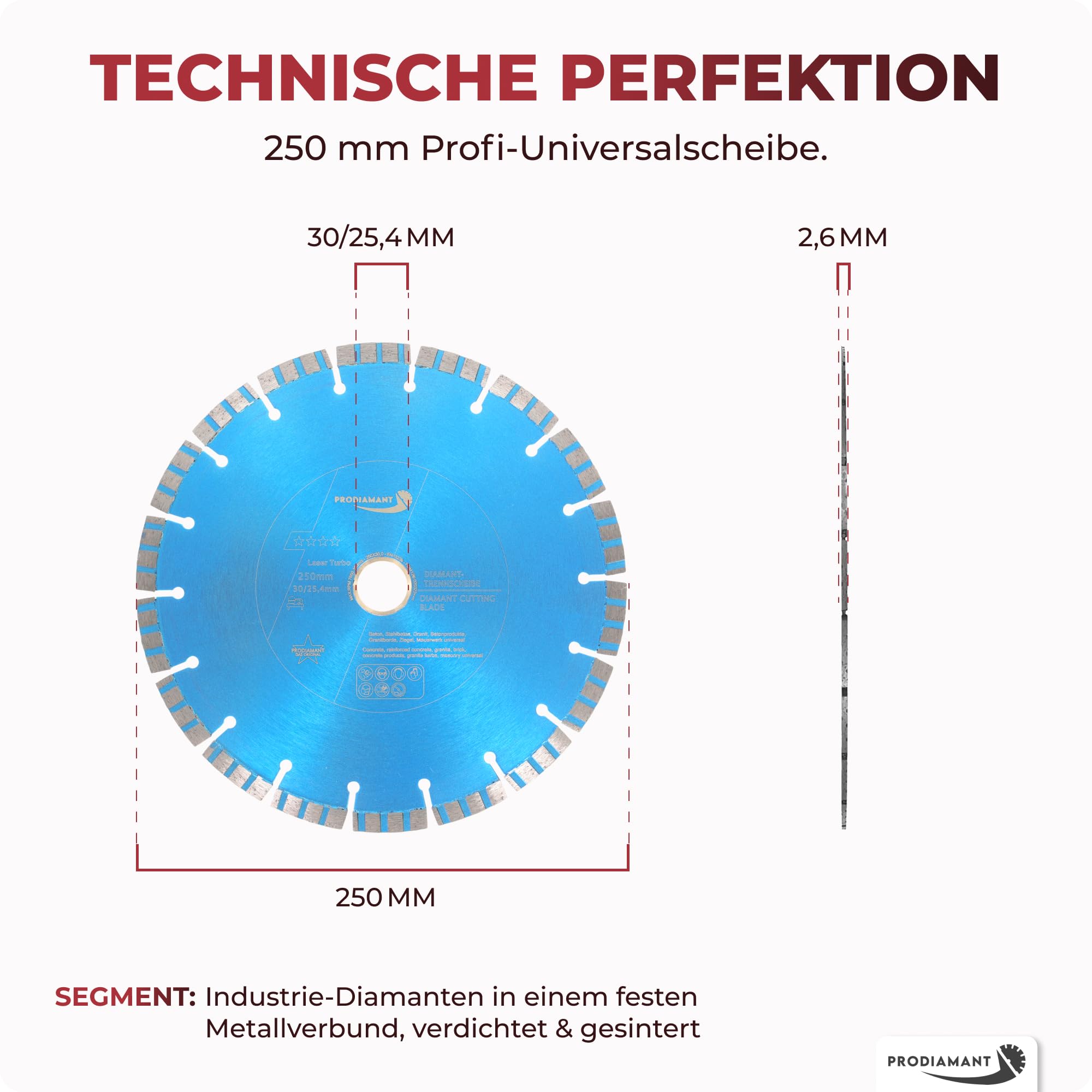 PRODIAMANT Laser Diamanttrennscheibe 250mm x 30 mit Ring 25,4mm Beton Stahlbeton Stein und Ziegel Diamant Turbo-Segmente lasergeschweißt