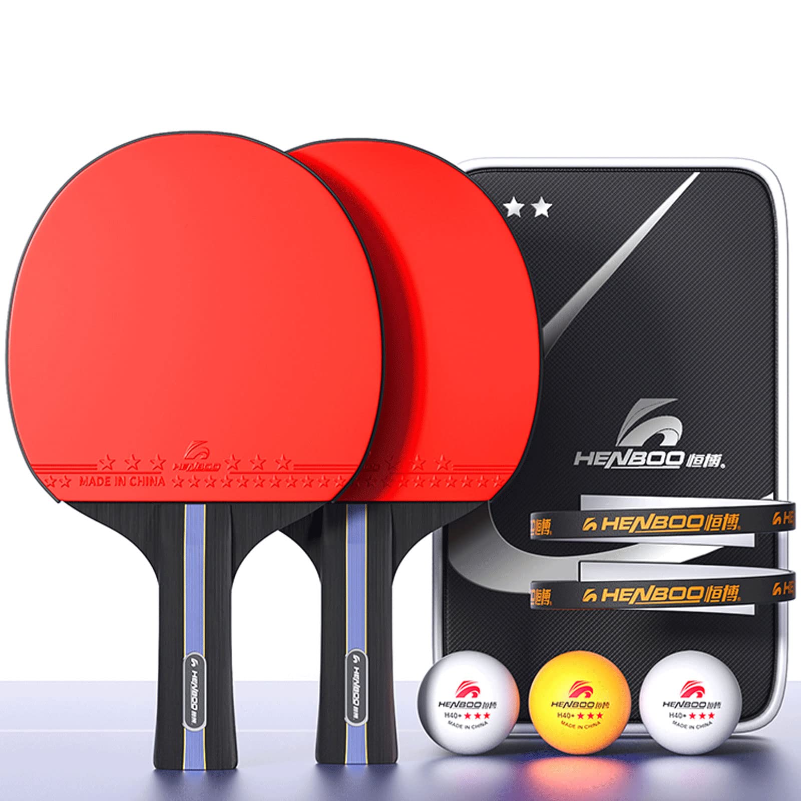 Tischtennisschläger-Set, 3/5-Sterne-Ping-Pong-Schläger, 2 Tischtennisschläger, 3 Bälle (3 Sterne), mit tragbarer Tasche, professioneller Schläger für Trainer, Amateure, Anfänger, Fortgeschrittene, T