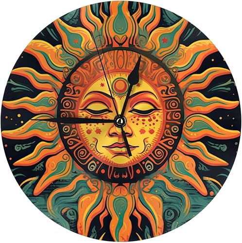 Reloj de pared redondo retro de sol mexicano de 10 pulgadas con batería sin tictac, estilo mexicano decorativo para sala de estar, cocina, hogar,