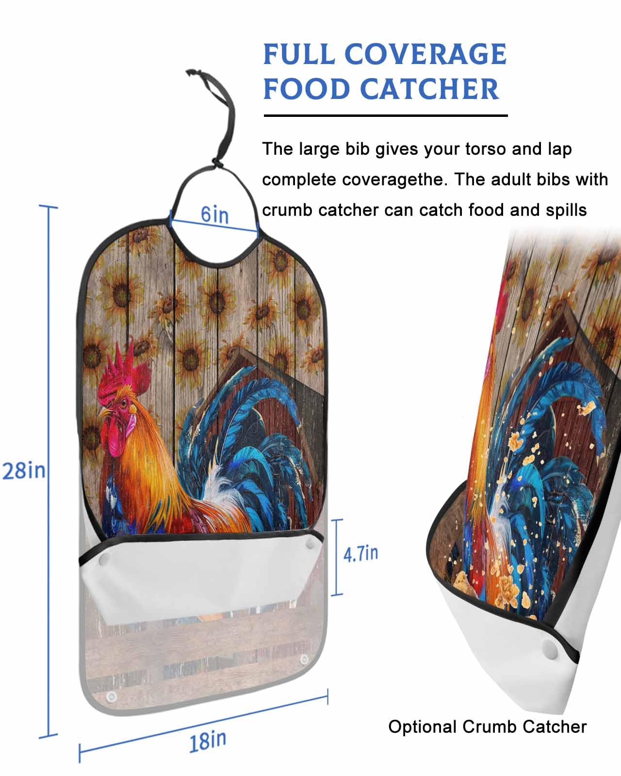 Farmhouse Rooster Adult Bib for Adults Men, Women, Rustic Sunflower Farm Wood Grain Brown Washable & Adjustable Terry Cloth Bib with Crumb Catcher Reusable Waterproof Clothing Clothes Protector Apron