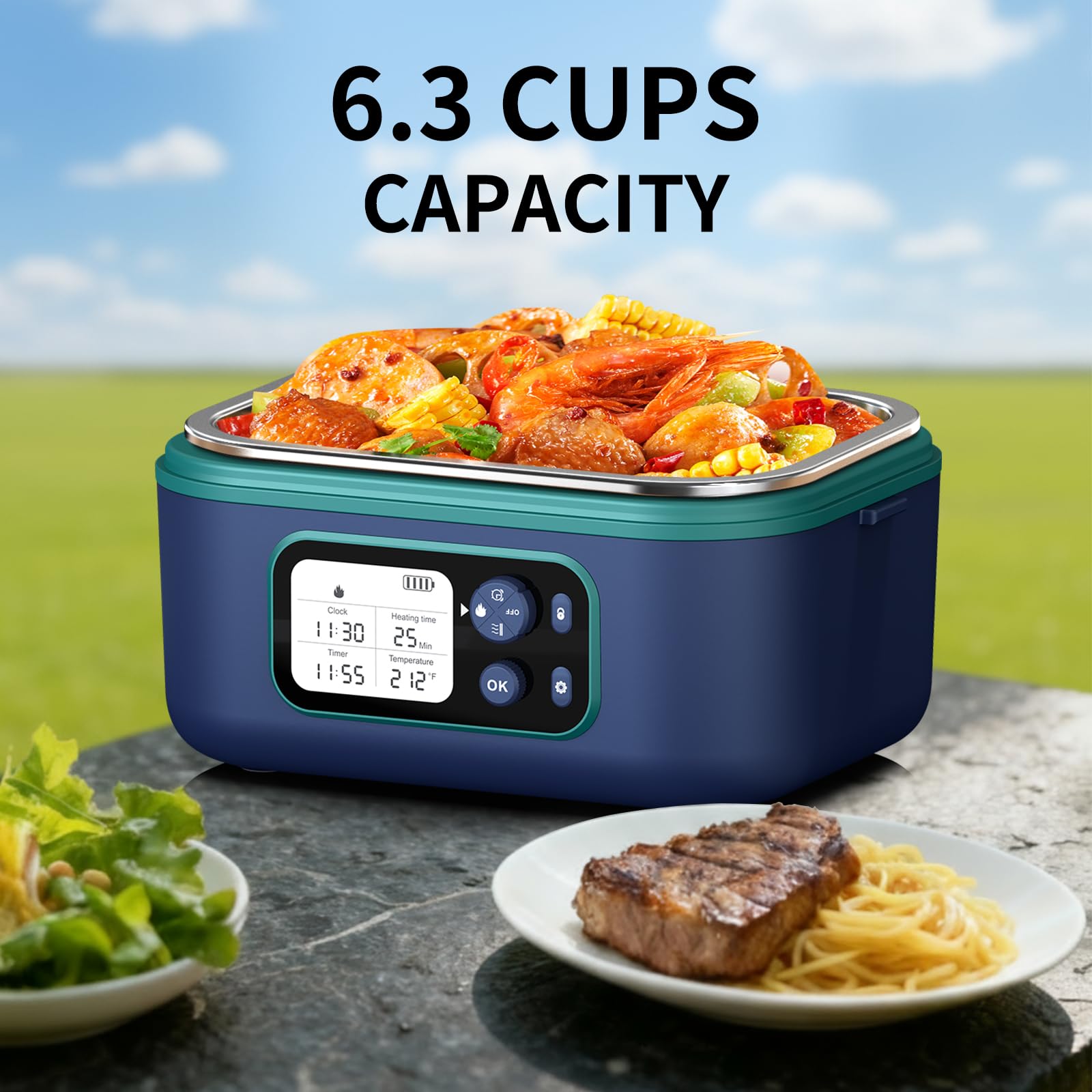 Portapranzo elettrico senza fili, 1,5 l, 6,3 tazze, 100 W, ricaricabile, intelligente, autoriscaldante, con divisore rimovibile, cucchiaio, forchetta, senza BPA, portatile, per auto, viaggi, ufficio