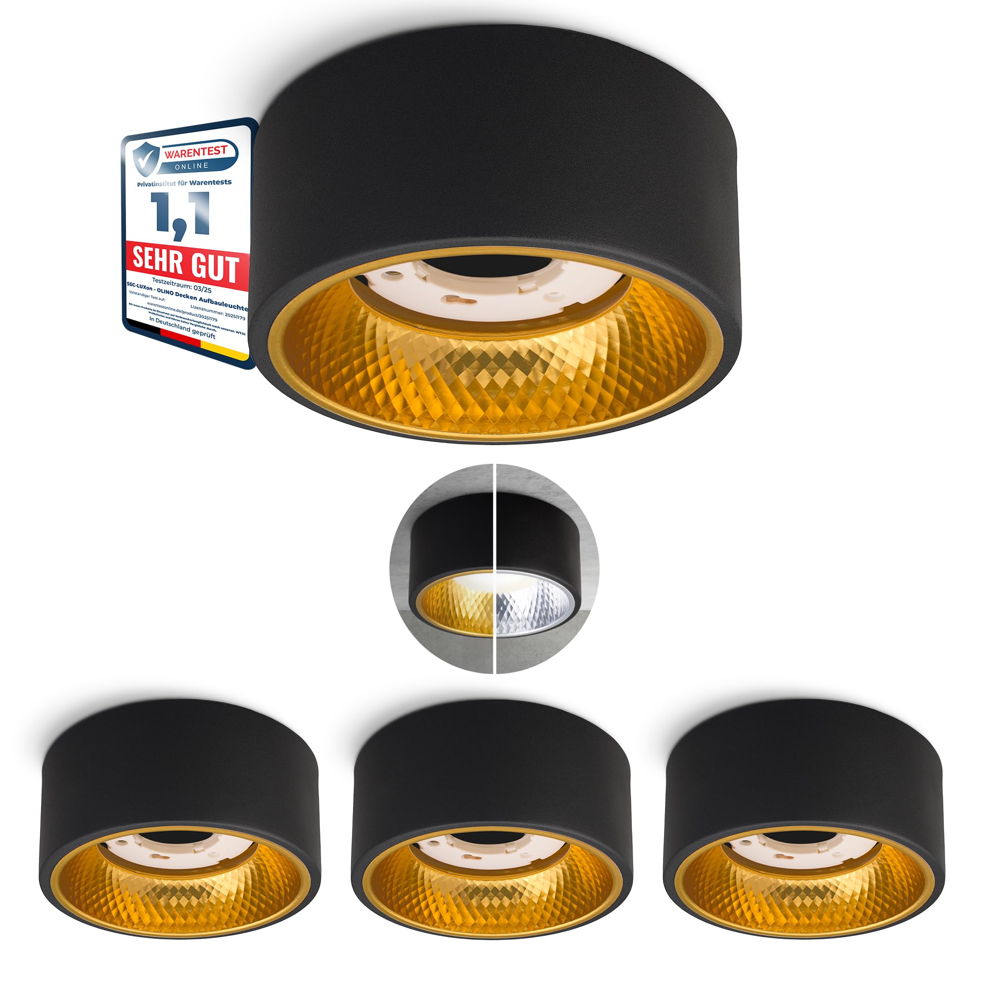 SSC-LUXon 4 Stück OLINO Deckenlampe schwarz gold rund mit wechselbare Front-Optik - GX53 Aufbauspot flach Design Deckenstrahler