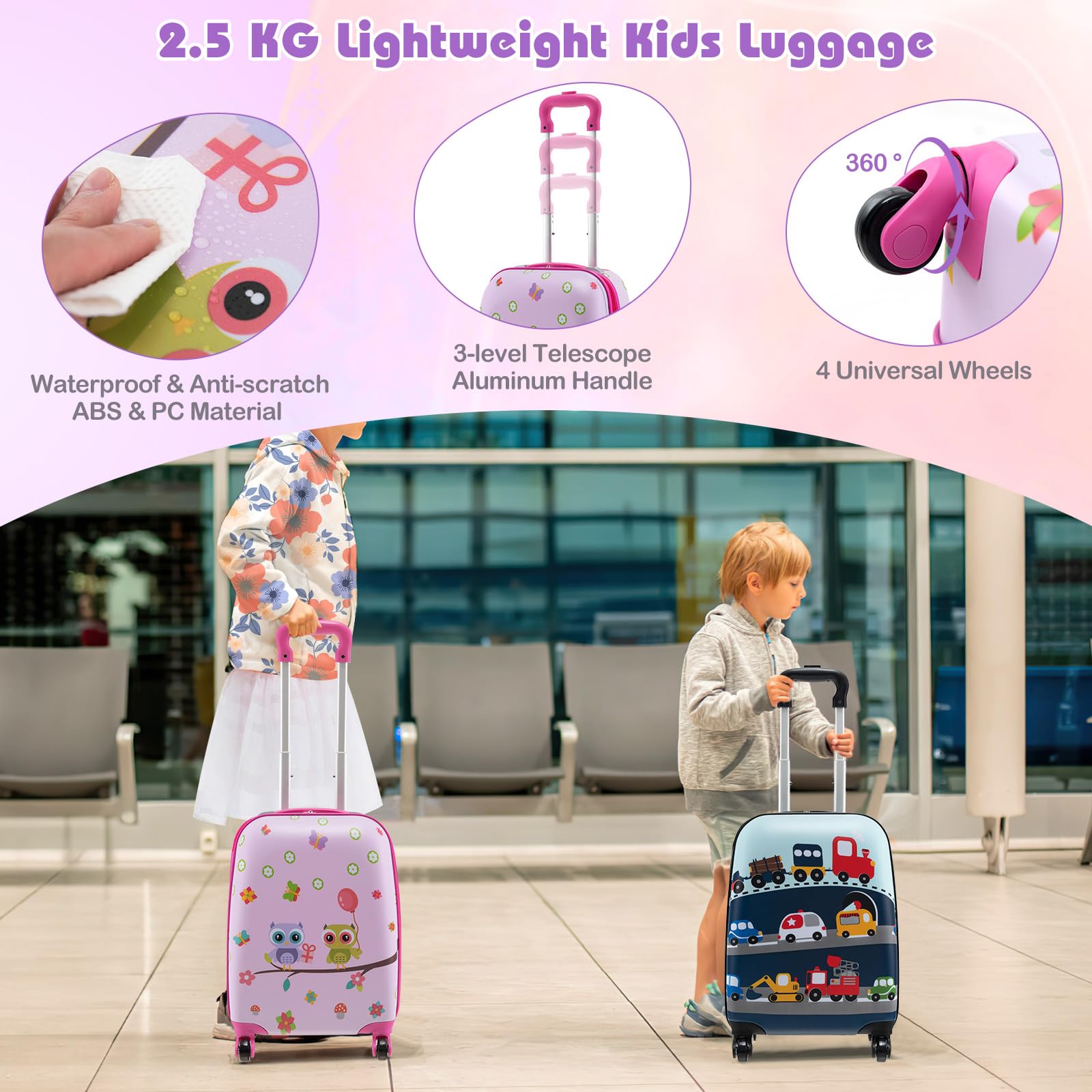SOARS Set di 5 Pezzi Valigia 16’’ + Zaino 13’’ per Bambini, Bagagli 5-in-1 con Cuscino per Collo, Borsetta da Pranzo e Etichetta, Trolley con Maniglia Telescopica e Ruote Universali (Rosa Gufo)