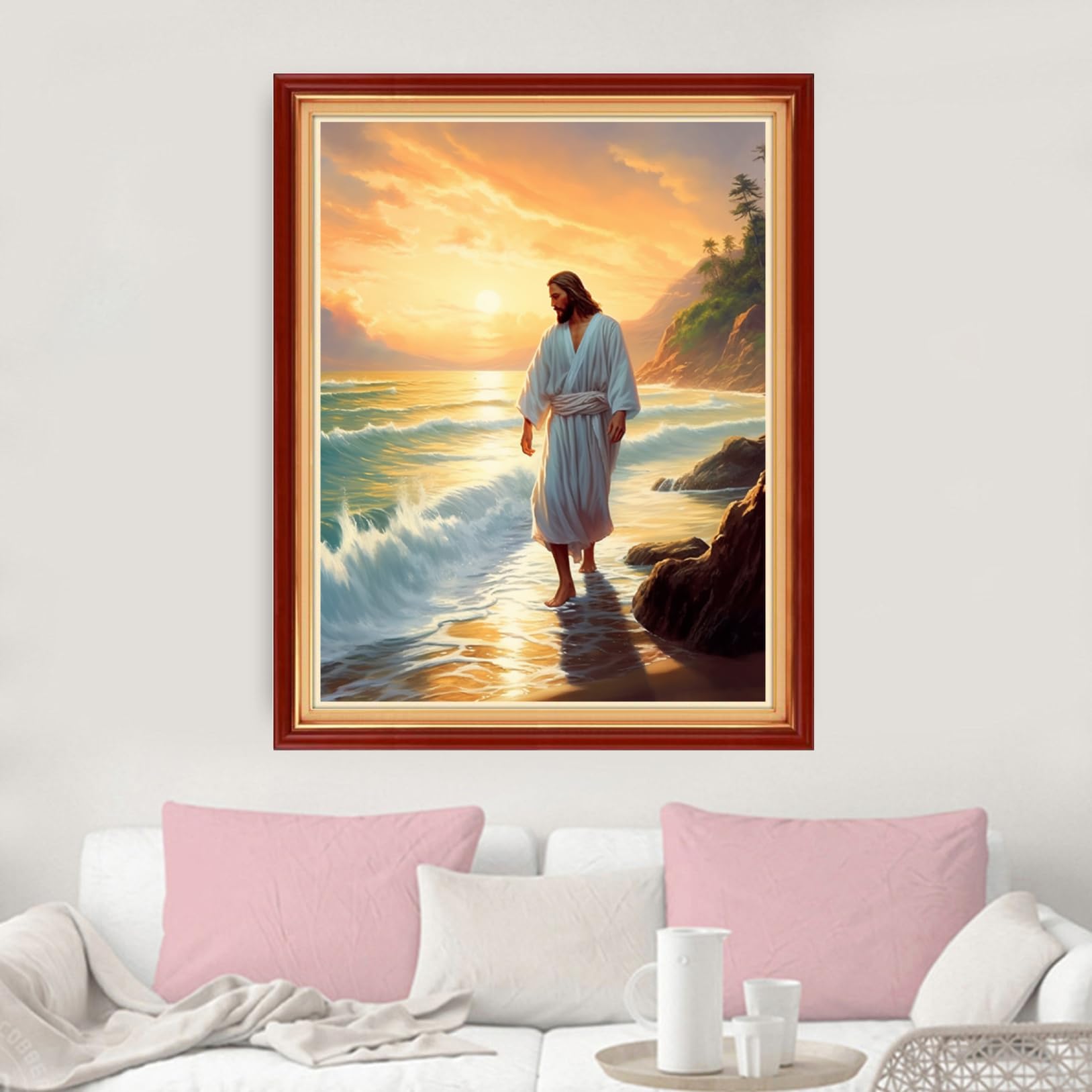 Dimxvean Stamped Cross Stitch Kits,Cross Stitch Kits for Adults Beginners,Embroidery Kits Full Range of Cross Stitch Stamped Kits Needlepoint Kits Cross Stitch Patterns-Jesus by the seaside 16x20 inch