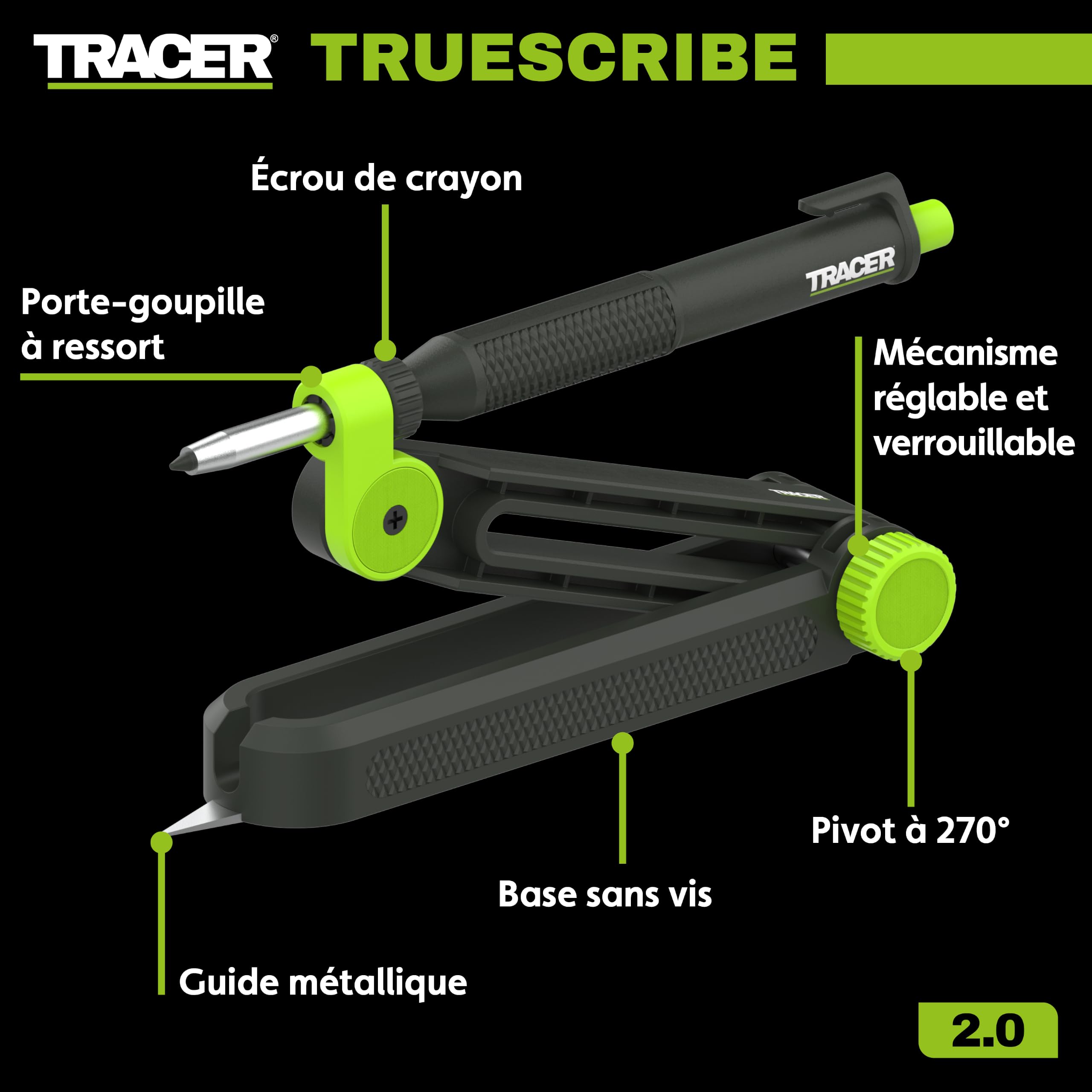 TRACER TrueScribe Outil de Traçage avec Crayon de Chantier, Étui & 12 Mines – Porte‑Mine Chantier pour Menuisiers