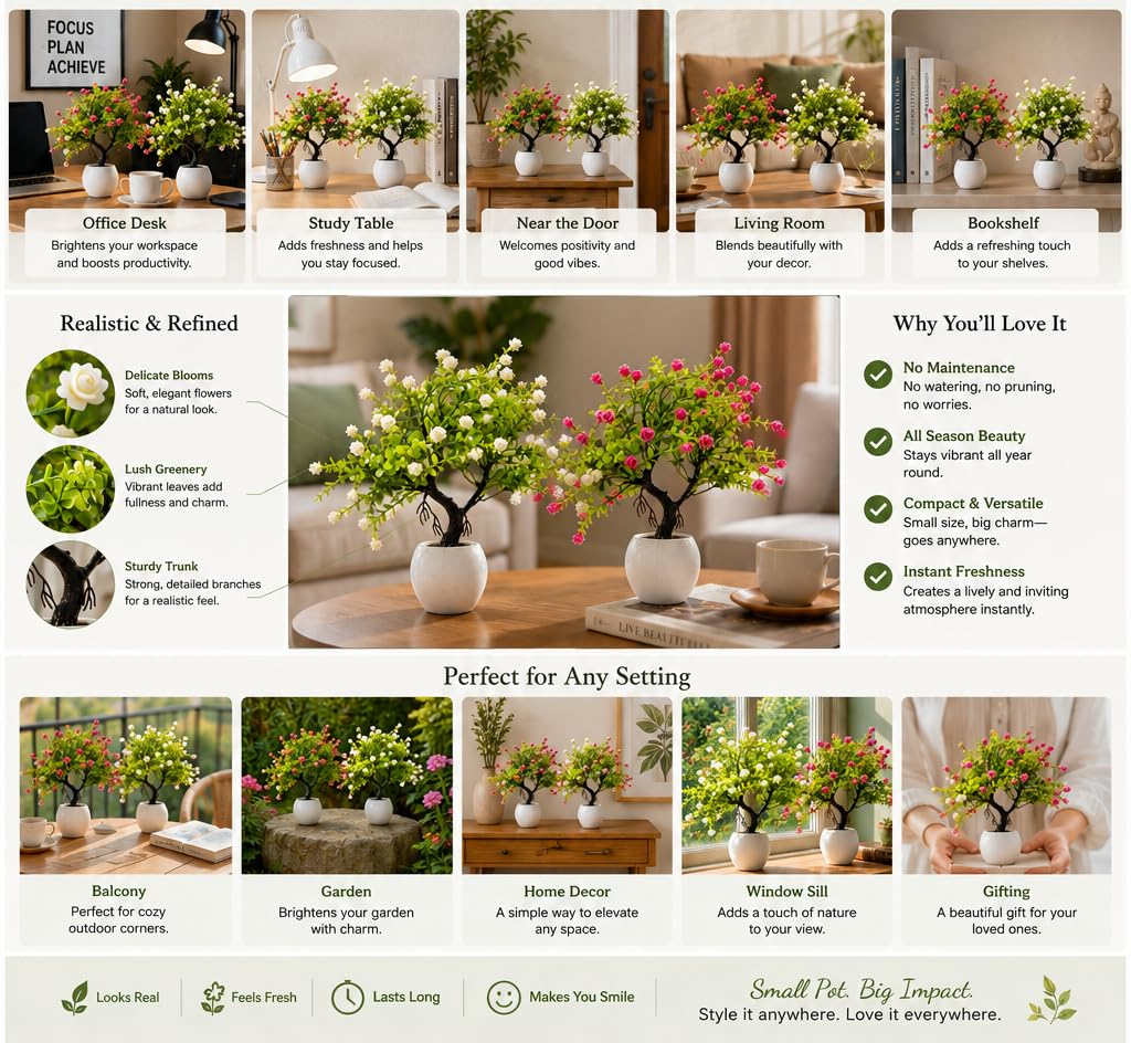 Pink & White Artificial Bonsai Plants - Easy Care -4 Pink & White Artificial Bonsai Plants - Easy Care -4