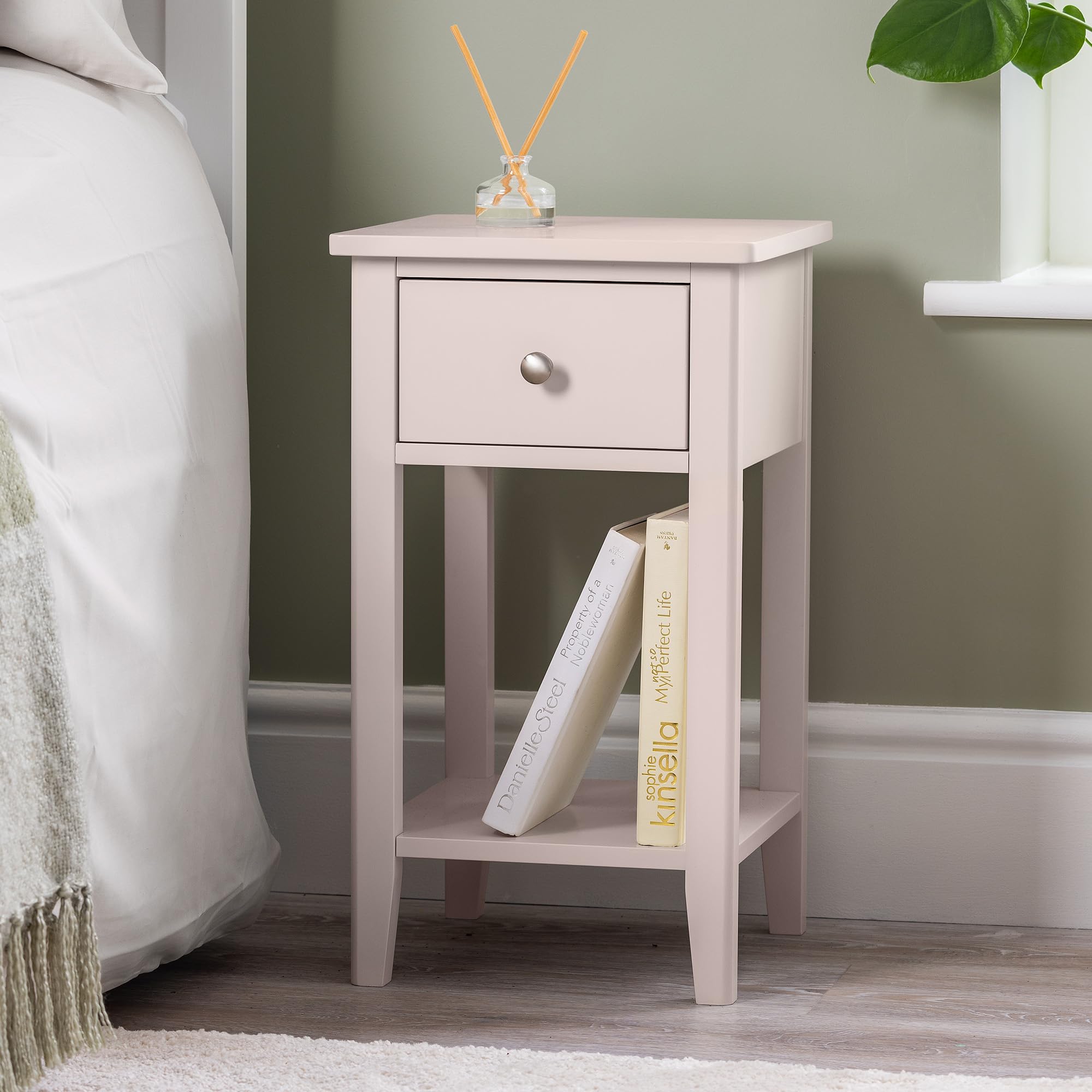 Christow Pink Slim Bedside Table With Drawer & Shelf, Modern Narrow Bedroom Nightstand, Wooden Mdf Side End Stand For Living Room Hallway Sofa, Brushed Chrome Handle (H57cm X W32cm X D32cm)