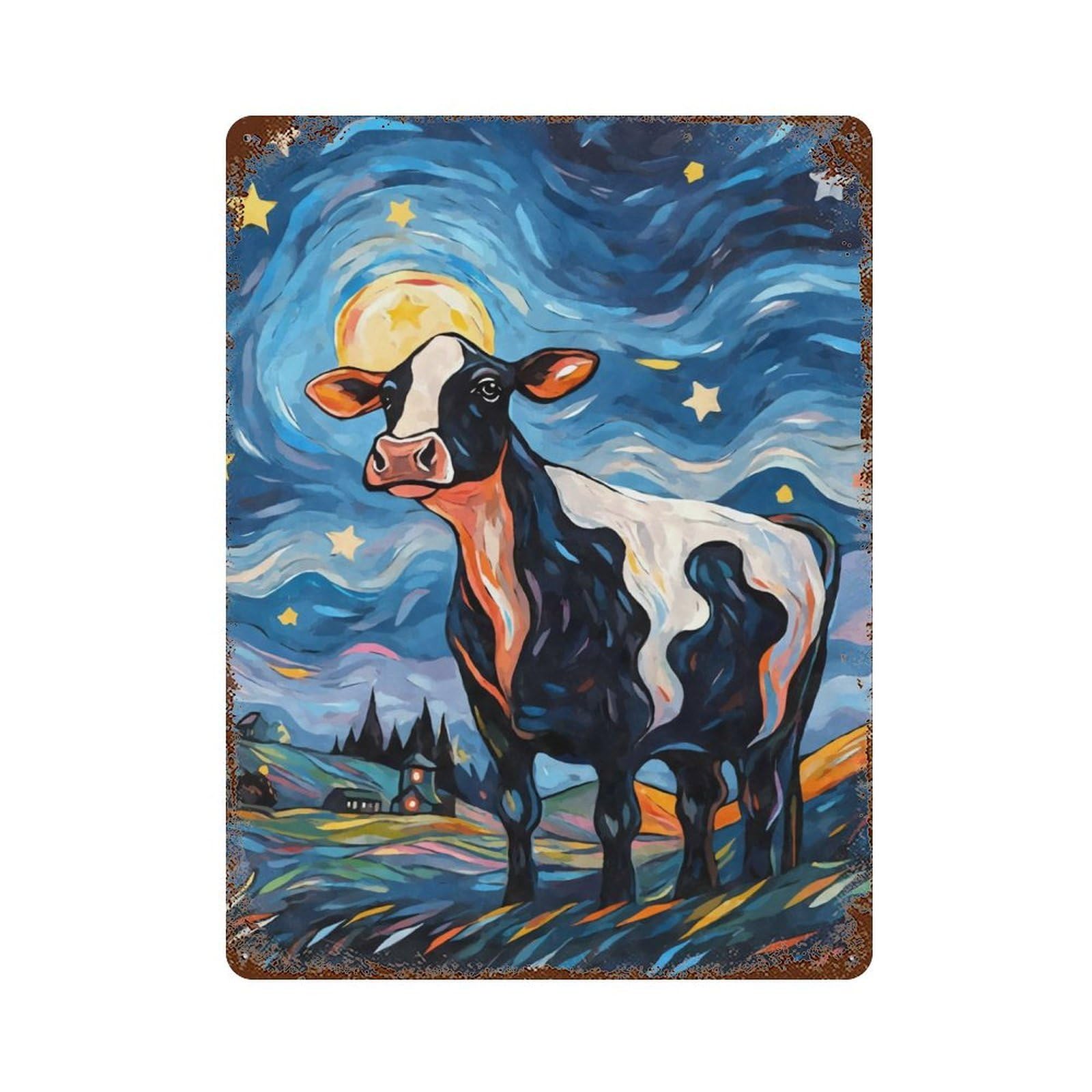 Cow Starry Night Rusty Metal Tin Sign 15.7"x11.8", Ideal for Farmhouse, Kitchen And Entryway Decor