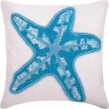 The Home Centric White 25.6 x 25.6 inches 65 x 65 cm, Beaded Sea Creatures Ocean & Beach Theme Linen - Starfish Island