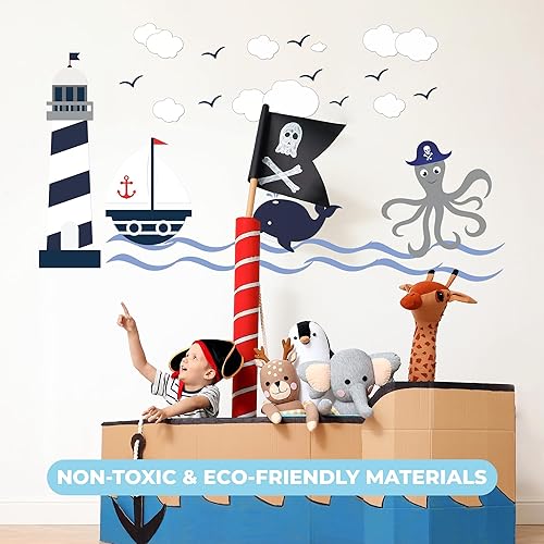 Miniatura 6 de Calcomanía de pared de faro, ballena y pulpo, decoración para dormitorio de niños, decoraciones náuticas I Decoración náutica de aula I Decoración
