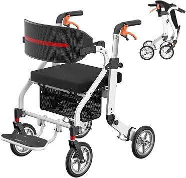 Foldable Rollator Walkers with Seat for Seniors, Nihhcune 2 in 1 Rolling Walker Wheelchair Combo for Adults, All Terrain Lightweight Transport Chair with Brake, Height Adjustable Handle, White