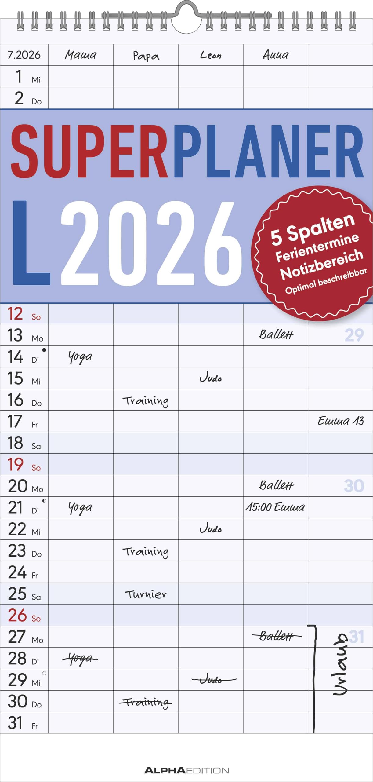 Alpha Edition - Superplaner L Familienkalender 2026 – 22x45 cm – Familien-Timer mit 5 Spalten & zusätzlichem Notizbereich – Perfekt für Familienorganisation