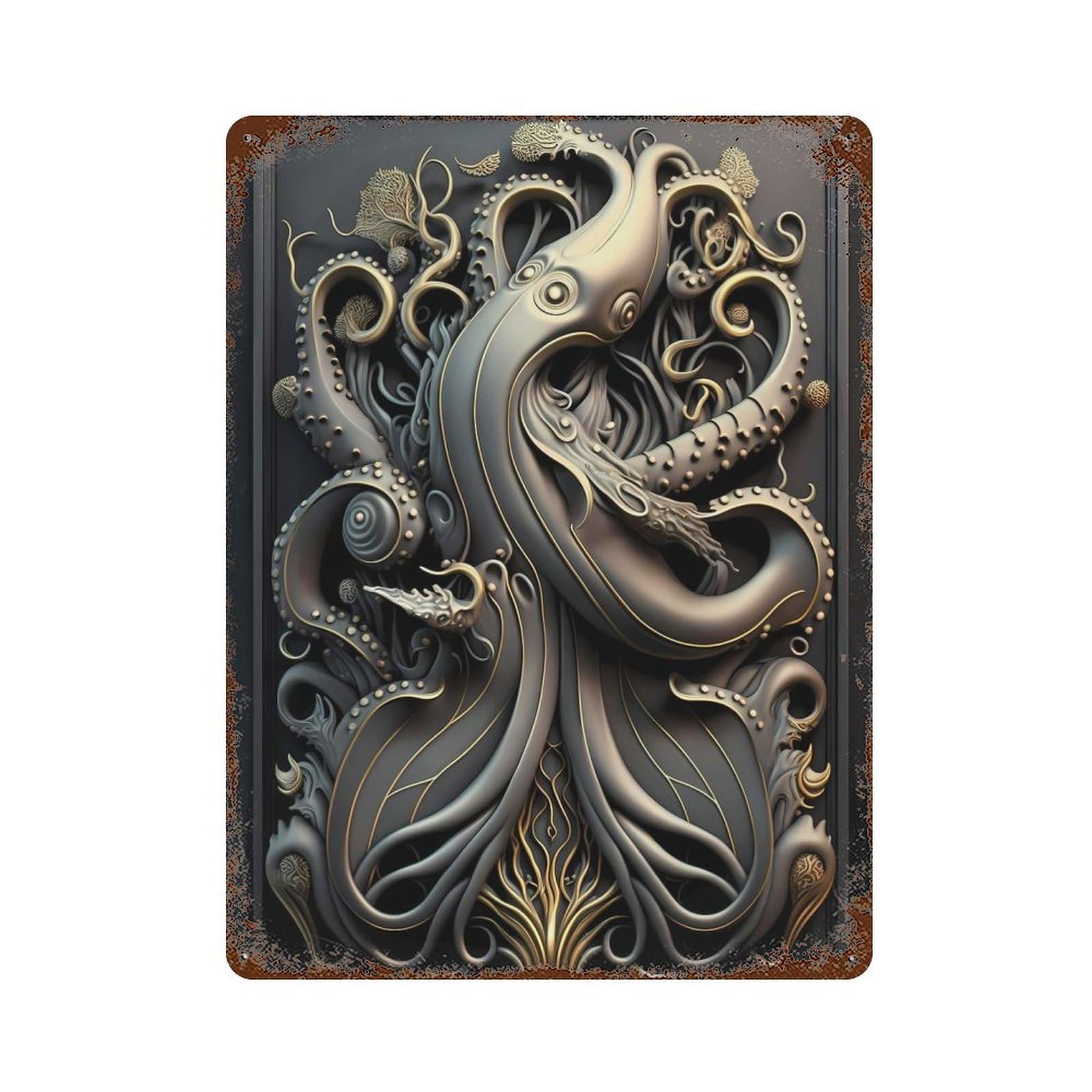 Octopus Golden Art Deco 15.7"x11.8" Distressed Metal Wall Sign, Shabby Chic Decor for Shed, Workshop And Garage Wall Decor