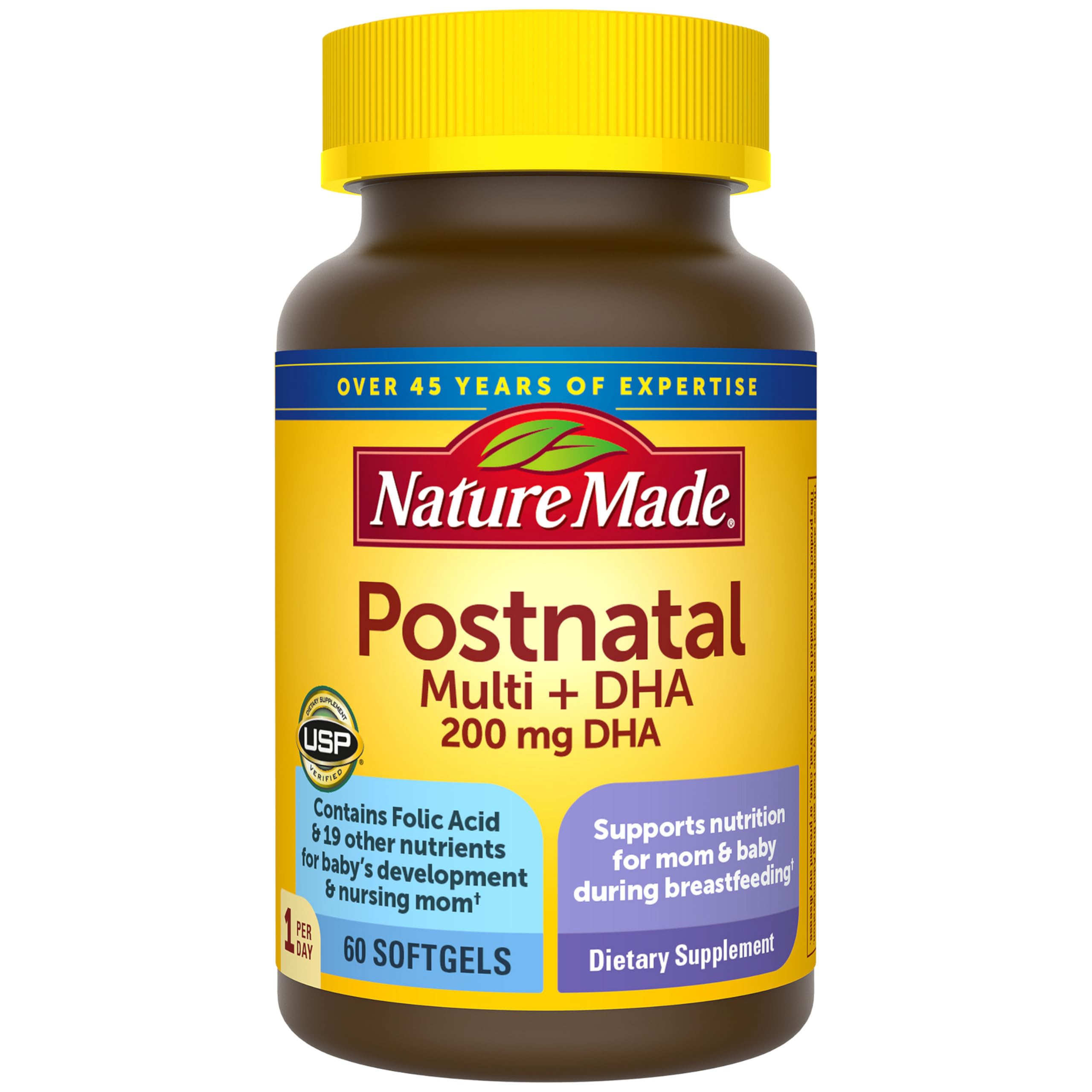 Postnatal Multivitamin + DHA 200 mg, Postnatal Vitamins for Women, Includes Iron, Vitamin D3, Calcium, Iodine & More for Breastfeeding Moms, 60 Softgels
