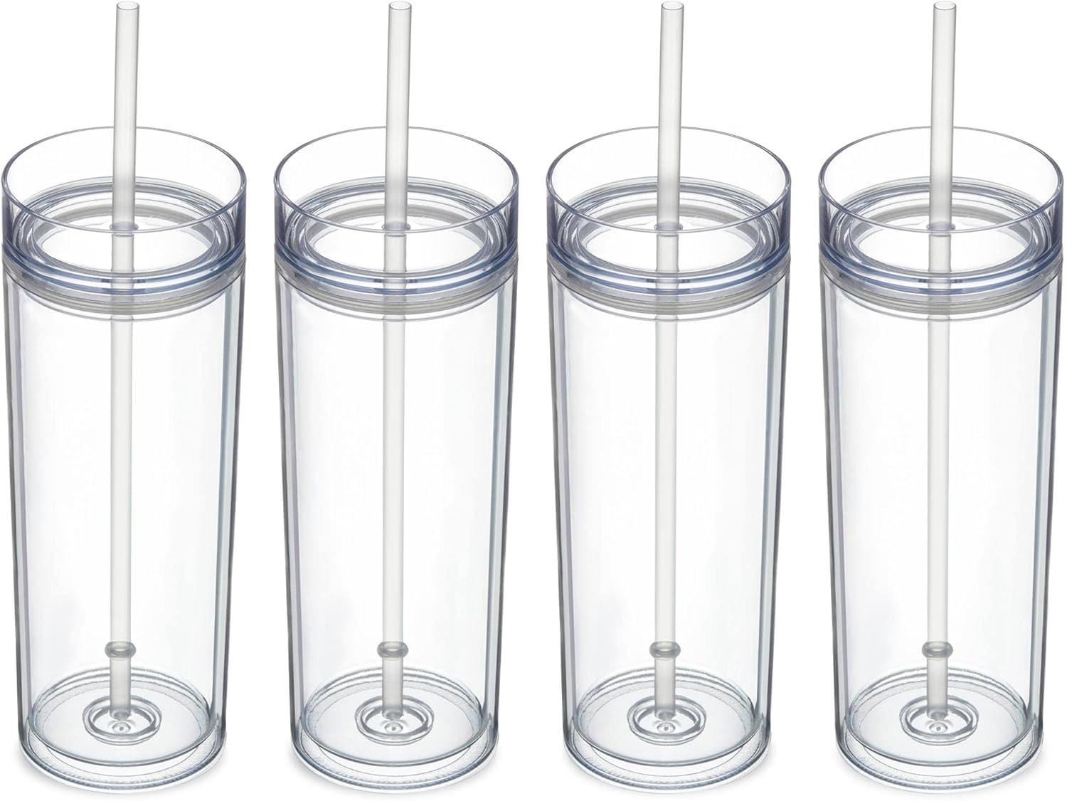 20oz Skinny Tumblers 4 Pack Double Wall Acrylic Tumbler with Lid and Straw, 570ml Clear Color Reusable Plastic Cups With Straw for Parties, Birthdays, Customization DIY Gifts(Transparent, Set of 4)