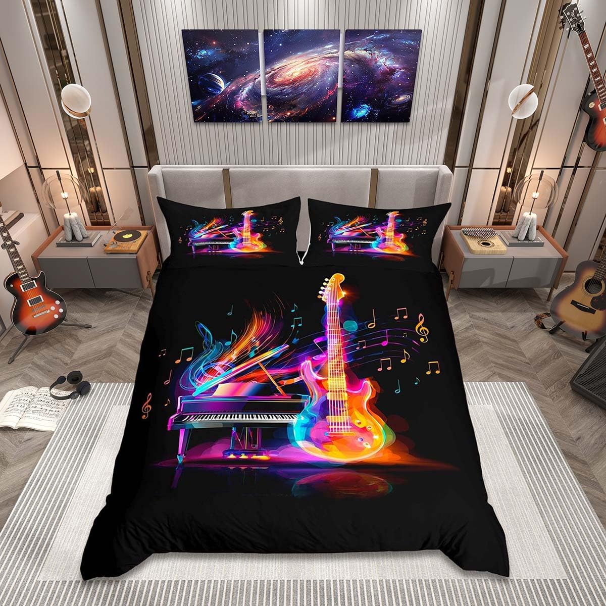 Homemissing Glowing Neon Guitar Duvet Cover Set King Size For Kids Boys Girls Rock Music Bedding Set Musical Instrument Duvet Cover with 2 Pillowcases Piano Bedding — image 1