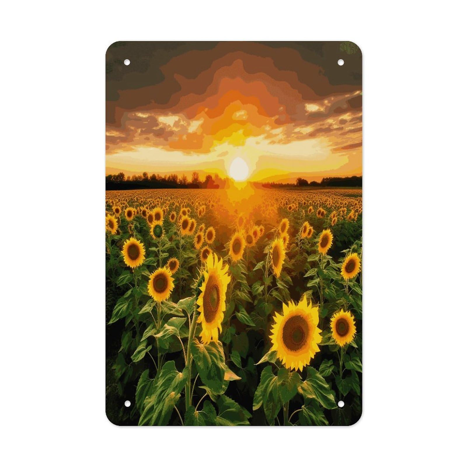 LDGSUPH Sunflower Field Sunset Wall Art Prints Folded Edge Iron Sheet Painting with Holes for Wall Prints Decorative Picture Metal Signboard Decor Painting for Outdoor Indoor Wall Decor
