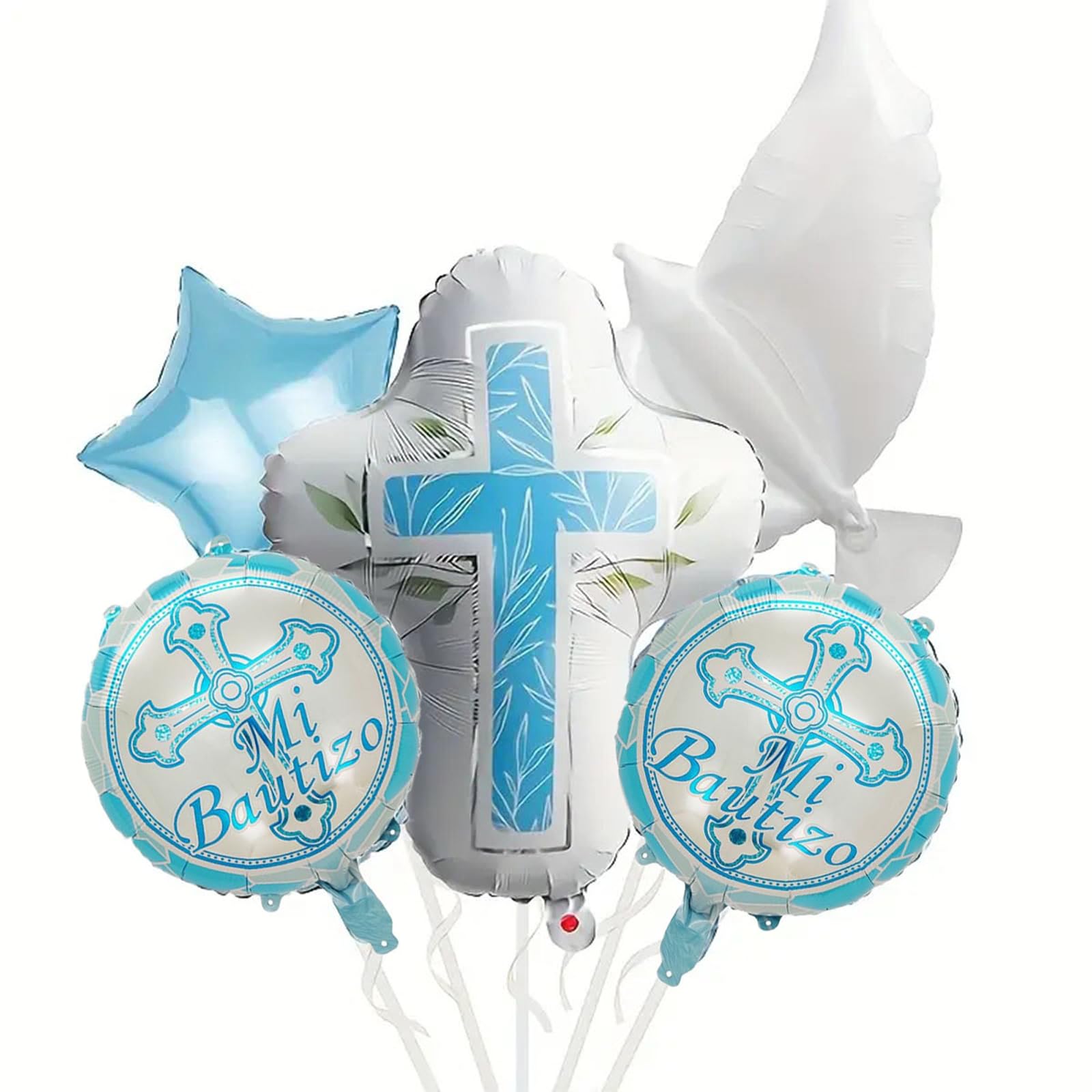 First Holy Communion Decorations - Religious Theme Foil Balloons Set for Baptism Party (5-Piece Cross, Dove & Star Balloons)