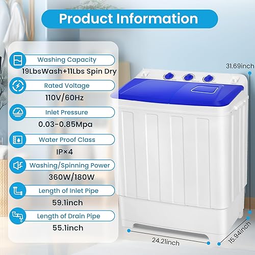 Miniatura 7 de Nictemaw Lavadora portátil de capacidad de 30 libras de lavadora y secadora Combo 2 en 1 compacta de doble tina (19 libras) y giratorio (11 libras)