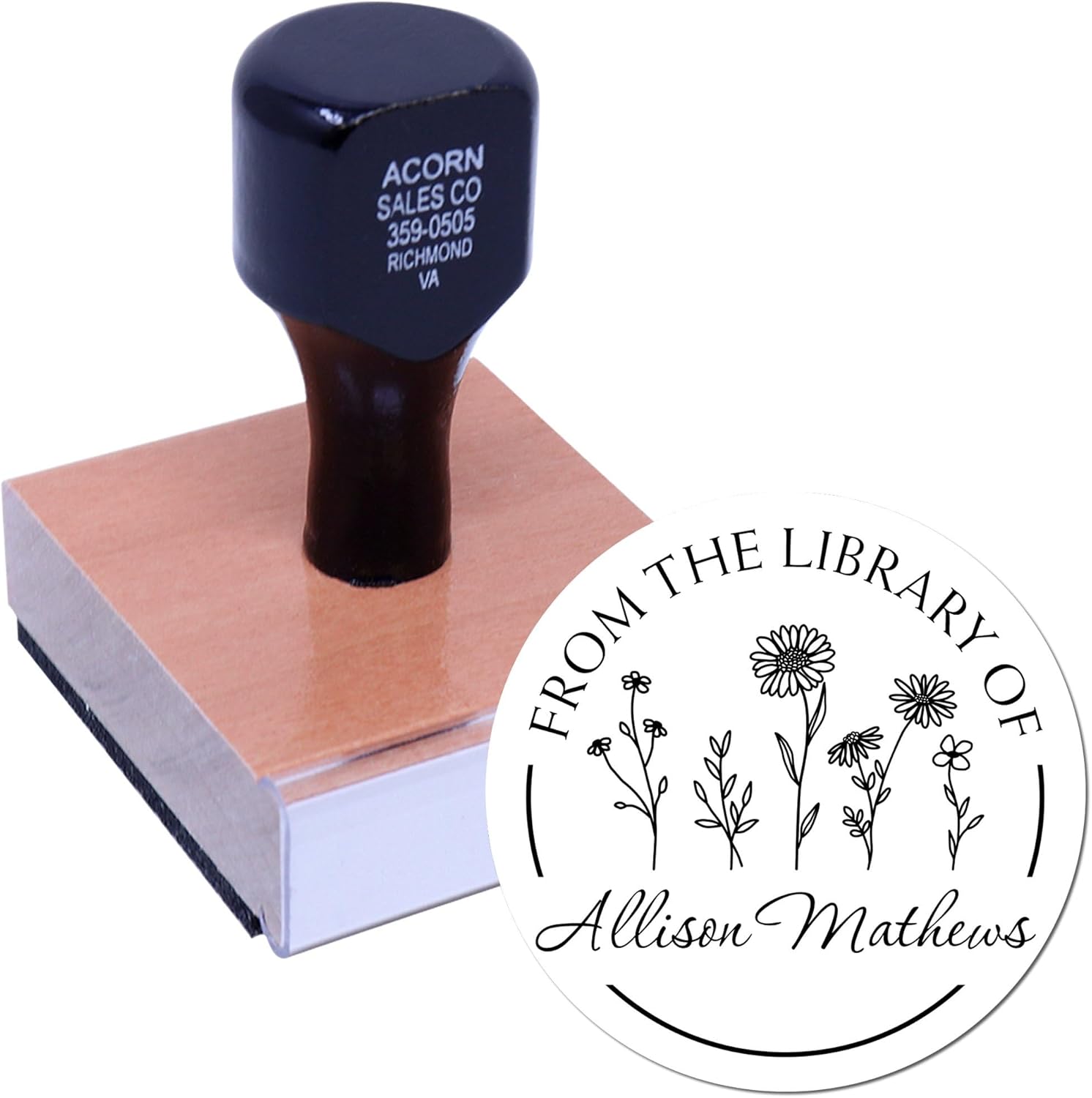 Personalized Book Ownership Label Stamp - Custom Made Book Stamper for Aficionados, Wood Handle Floral Design, Ideal for Library & Collection Marking, 1-5/8 Size Custom Wood Stamp