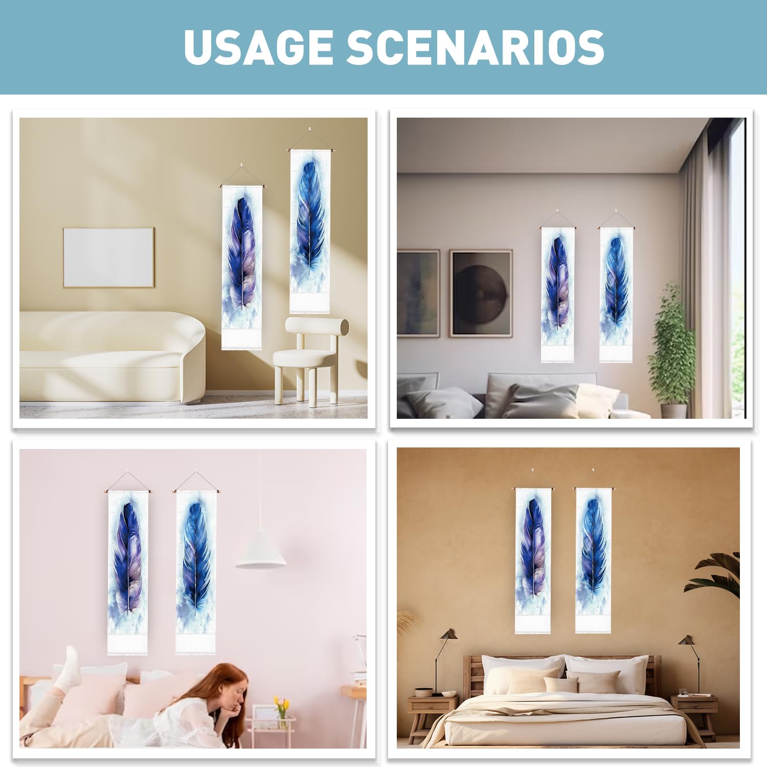 PLIGREAT 2 Pack Tapisserie Plume Bleue Verticale Avec Glands - Tenture Murale Esthétique Chambre Salon - Art Déco