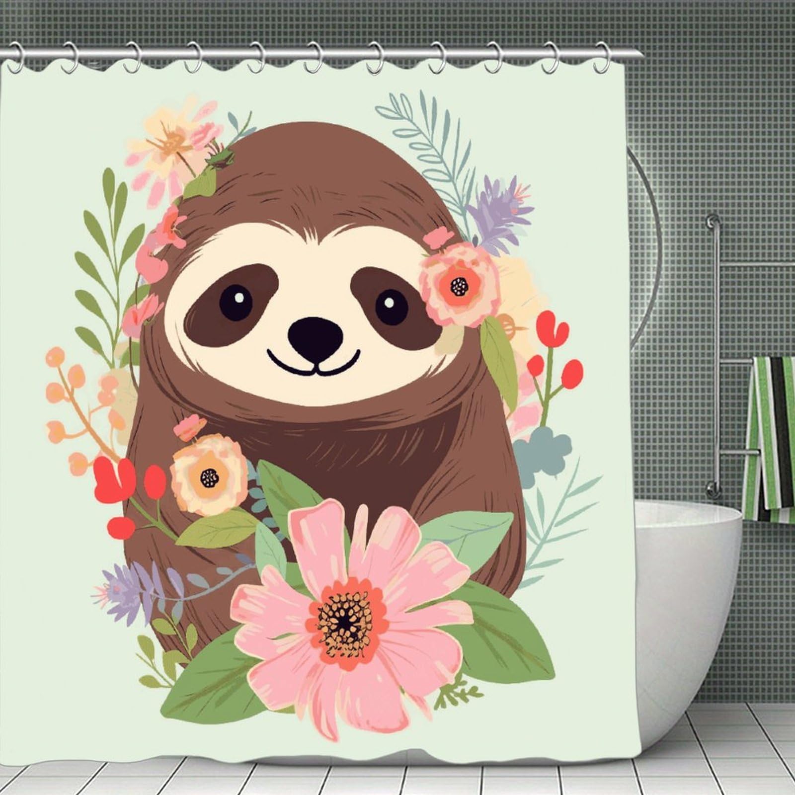 FekiLoot Sloth and Flowers Shower Curtain Minimalist Thick Bathroom Curtain Washable Modern Bathroom Shower Curtain Heavy Duty Waterproof Cloth Bath Curtain with Hooks 70.8"x70.8"