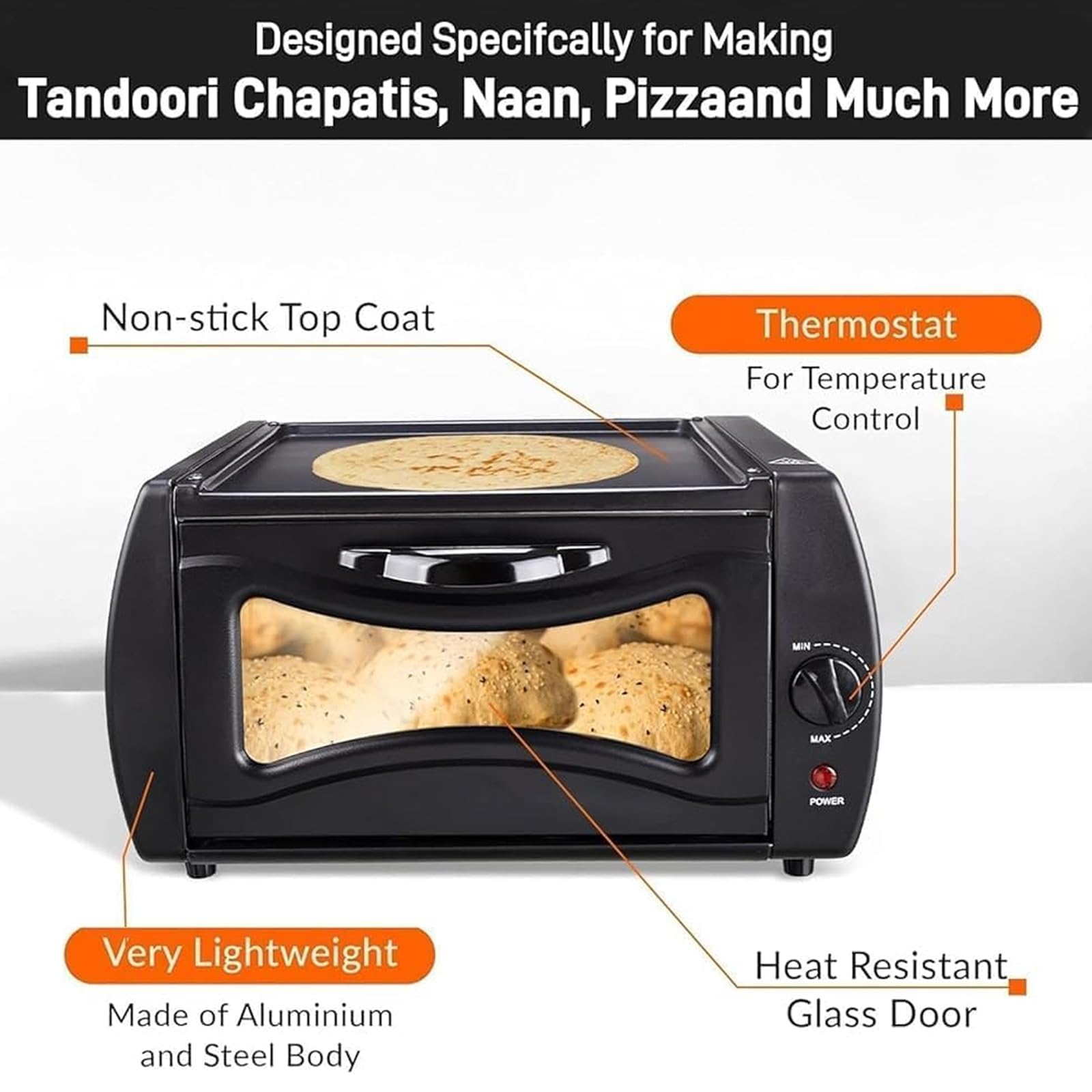 Elektryczny piekarnik Tandoor, mini piekarnik na blacie z blachą do pieczenia i siatką do pieczenia, regulowana temperatura 48.9 °C-398.9 °C, Roti Maker do domowej kuchni