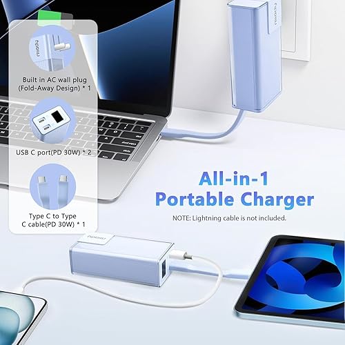 Miniatura 2 de Miady Cargador portátil integrado plegable de pared, PD 30 W, 10000 mAh, cargador de batería compacto con cable USB-C y pantalla LED, paquete de
