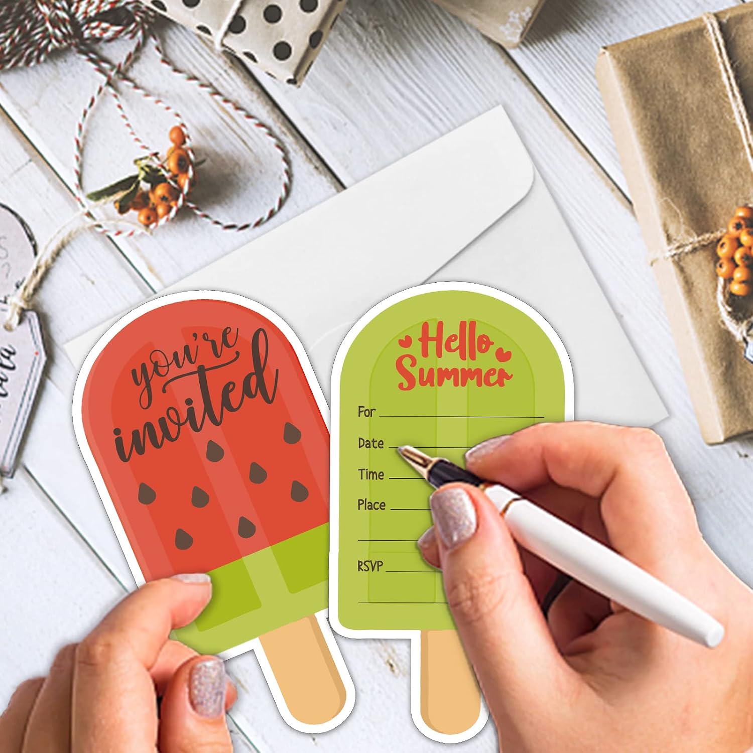 REWIDPARTY Ice Cream Birthday Party Invitations with Envelopes & Stickers（Set of 15） Popsicle Shaped Fill-in Invitations Hello Summer Party Invites Cards Birthday Baby Shower Party Supplies for Kids