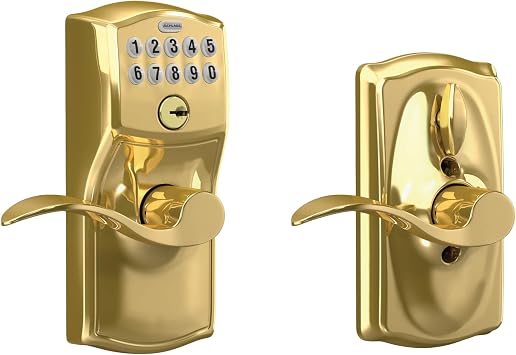 Schlage Camelot Keypad Lock with Lever Handle, Electronic Keyless Door Entry, Flex Lock AutoLock Option, Bright Brass, FE595 CAM 505 ACC