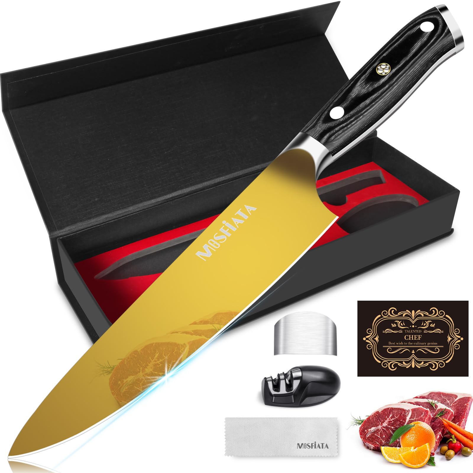 MOSFiATAChef's Knife 8inch Gold，Ultra Sharp Gyutou Cutting Knife with Finger Guard and Knife Sharpener Gift Box Family & RestaurantCarbonfree Certified