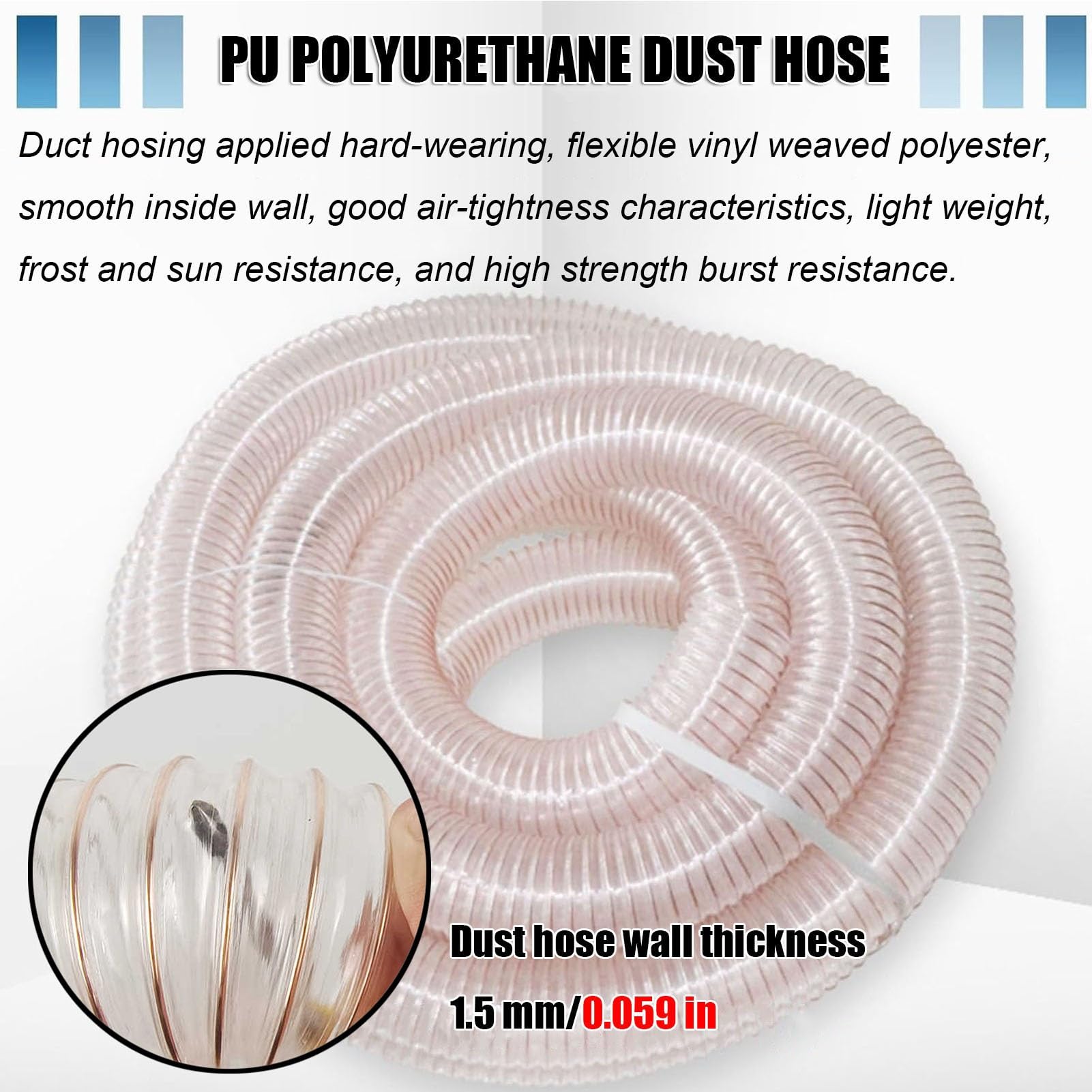Manguera de Recolección de Polvo de PU de Alta Resistencia, 3,3/6,5/16,4/32,8 Pies, Resistente A Perforaciones para Sistemas de Aspiración de Carpintería, Diámetro Interior 180 Mm/7,1 Pulgad