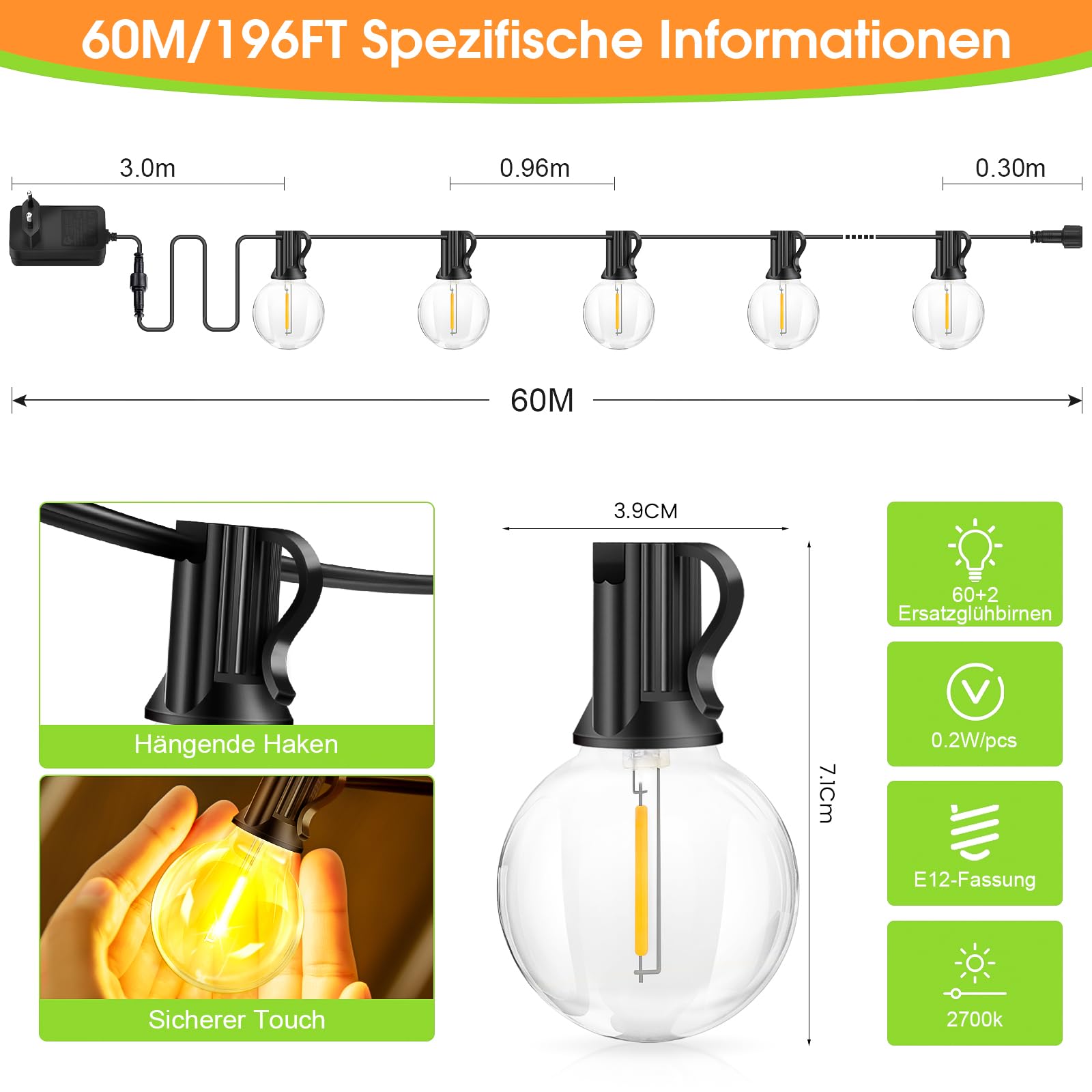 LED Lichterkette Außen Strom Fernbedienung - 60m Glühbirnen Outdoor Lichterketten Aussen Wetterfest Dimmbar Warmweiß Retro Lights Birnen für Party Terrasse Biergarten Pavillon Balkon Garten