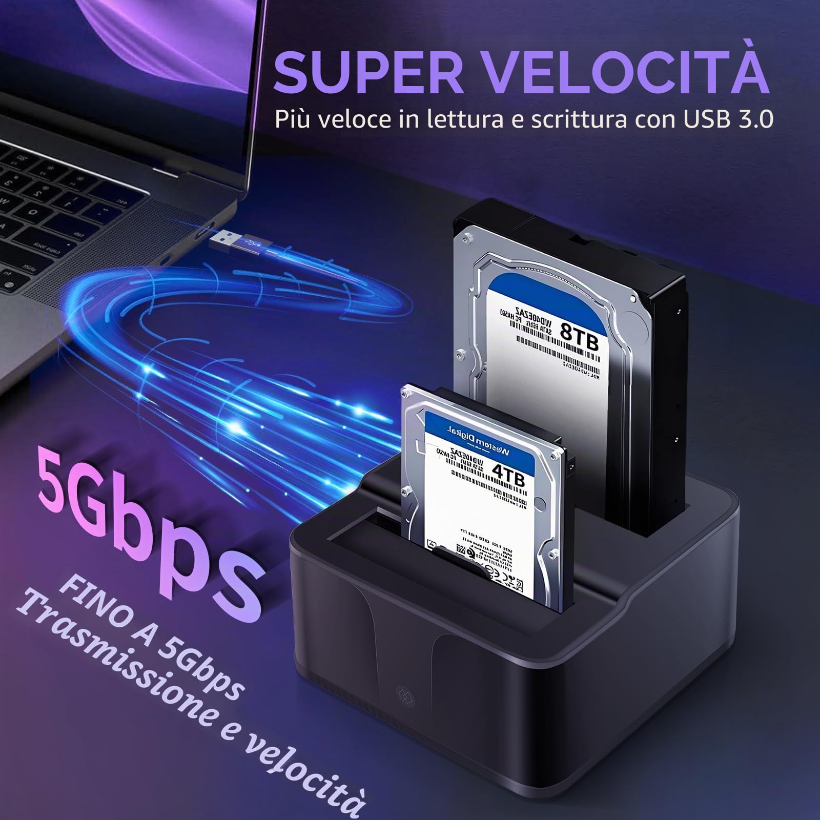 Docking station USB 3.0 doppio alloggiamento per dischi rigidi/SSD SATA da 2,5"/3,5" (fino a 2x16TB) con lettore di schede SD/microSD integrato. Supporta la clonazione offline, Plug & Play